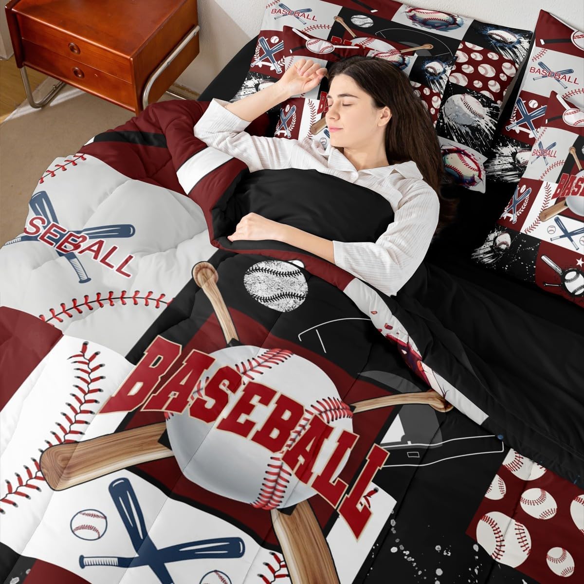 Erosebridal Baseball Bat Bed in a Bag Queen Comforter Set 7-Piece, Boys Baseball Bedding Sets Ball Sports Comforter and Sheet Set, Patchwork Style Softball Game Room Decor