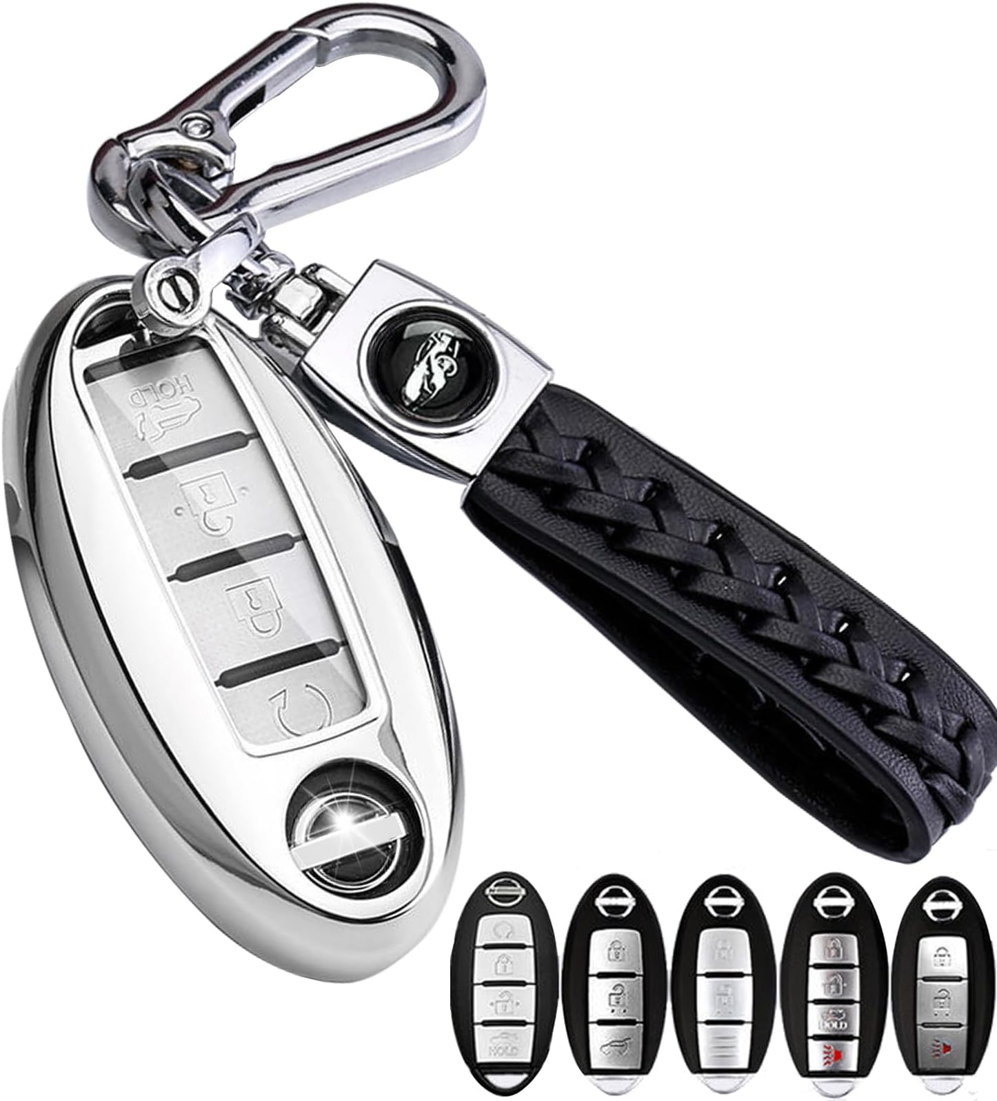 for Nissan Key Fob Cover Soft TPU 360 Degree Protection Key Case with Leather Keychain for Altima Maxima Murano Rogue Sentra 370z Pathfinder Smart Remote 2/3/4/5 Button Silver