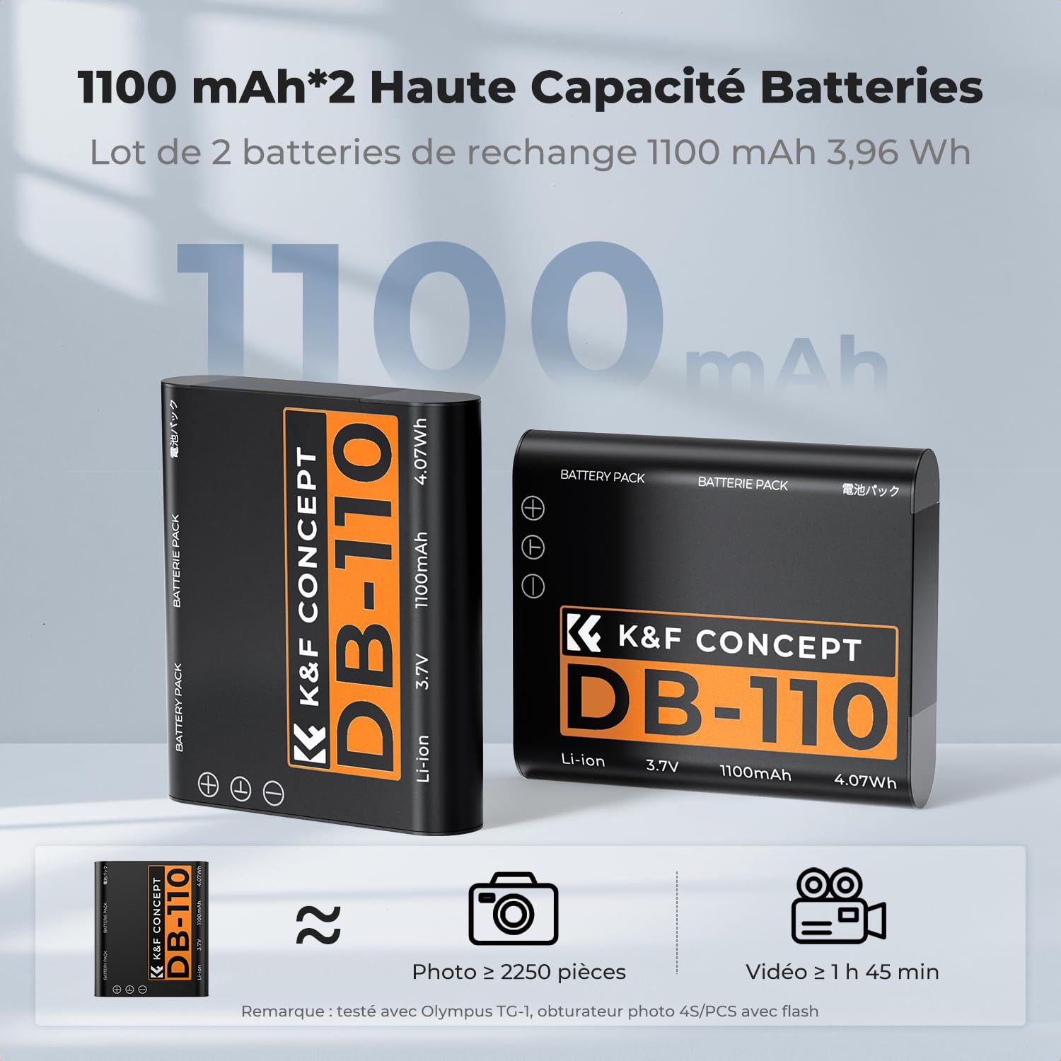 K&F CONCEPT 2 Batteries DB-110 + Chargeur LCD à Double Fente Compatible avec Utilisant des Batteries Li-90B/Li-92B Olympus TG7/6/5/4,Ricoh GR III, GR IIIx, Theta X, WG-6, G900, G900 II, G900SE II.