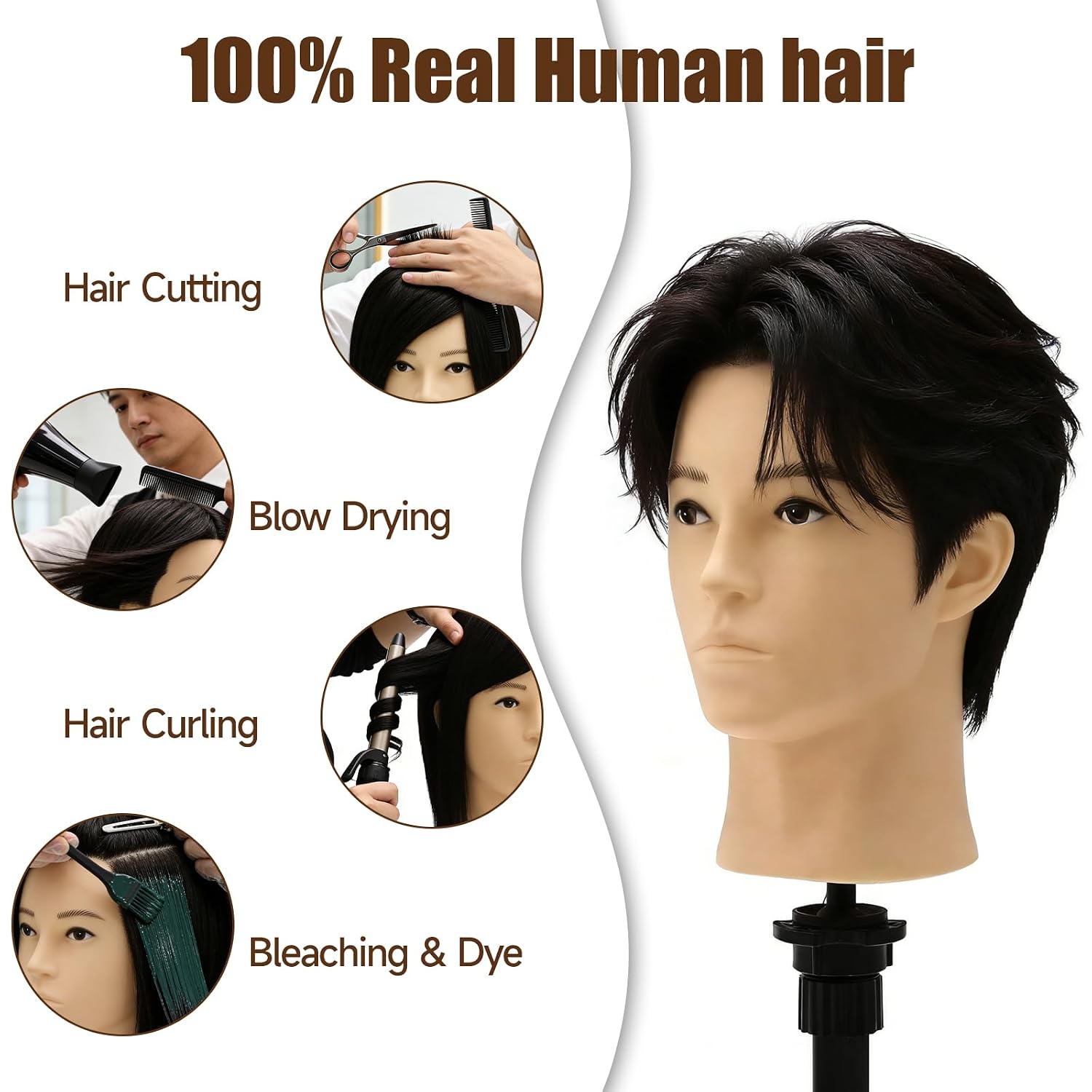 13" Barber Mannequin Head Male, Mannequin Head Human Hair for Practicing Haircut, Cosmetology Mannequin Head with 100% Human Hair