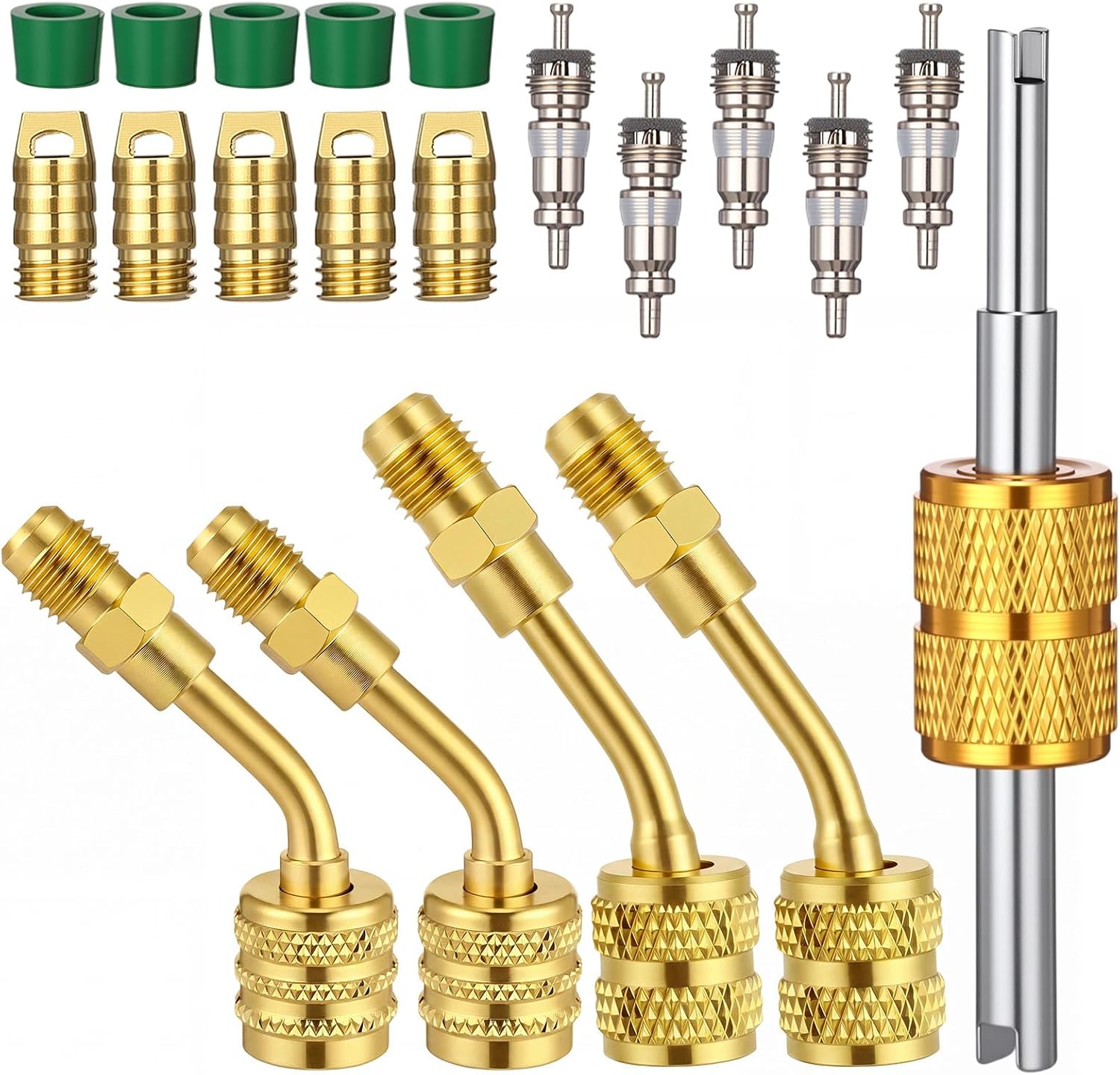 Mudder 20 Pcs R32 R454b R410A A2l Adapter Kit for Split, 1/4" to 1/4" Fitting Adapters, 5/16" to 1/4" 45 Degree Adapter with Valve Core Remover Washer Gasket Refrigerant Tank Adapters