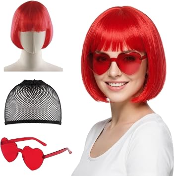 Red Bob Wig for Women with Glasses and Hair Net, Red Wigs with Fringe
