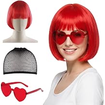 Red Bob Wig for Women with Glasses and Hair Net, Red Wigs with Fringe for Costume Cosplay Events, Funny Wig for Themed Party, Short Wigs Neon Hair for Women for Fancy Dress Halloween