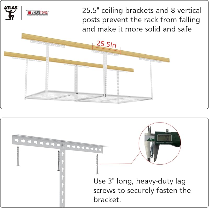 The Atlas 4 x 8 ft Adjustable Height Overhead Garage Storage Rack 900 lbs Heavy Duty Capacity White 900lbs - White