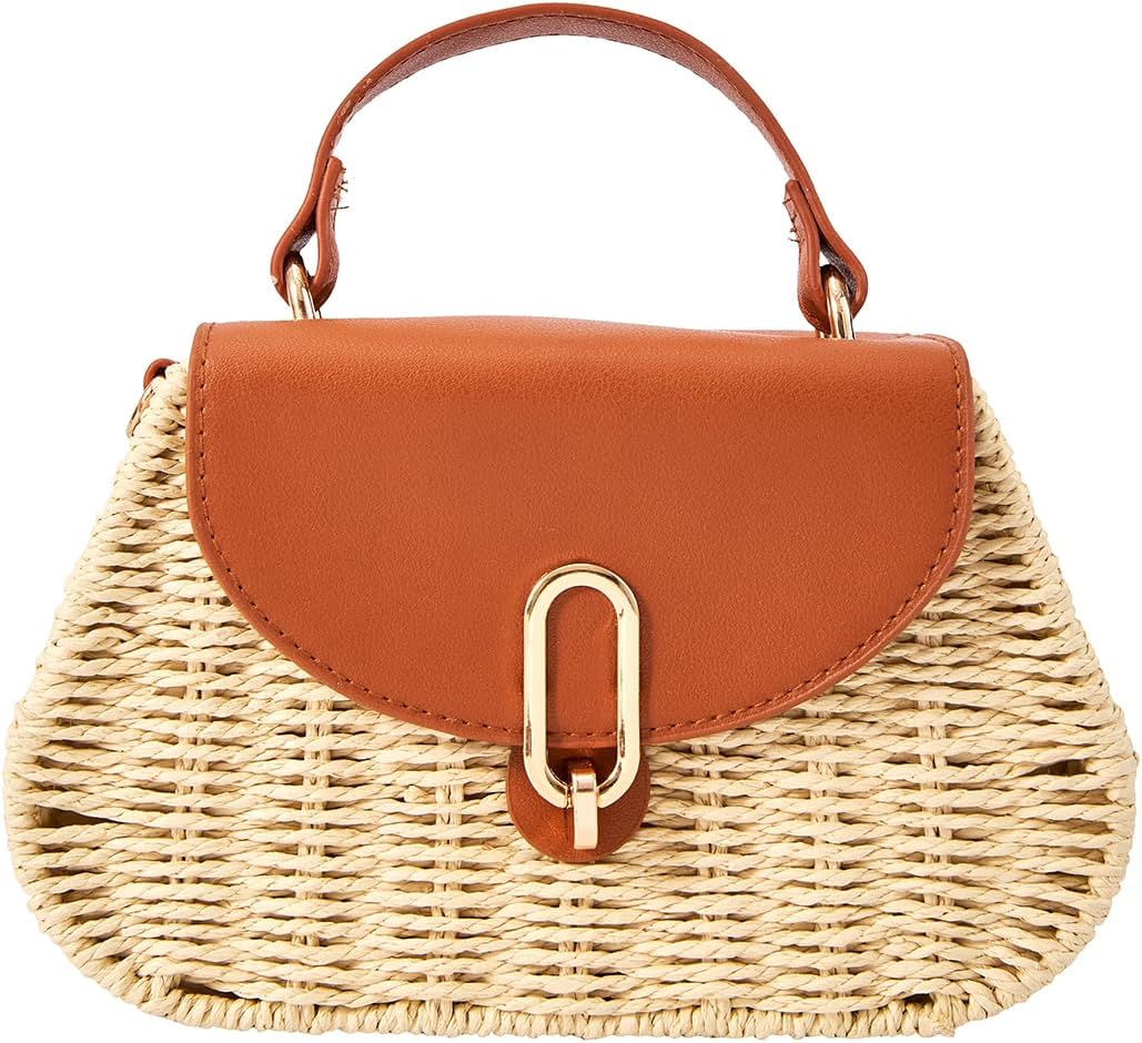 Chic Rattan Satchel PU Leather Flap Straw Handwoven Purse Bag Summer Beach Crossbody Handbag with Handle