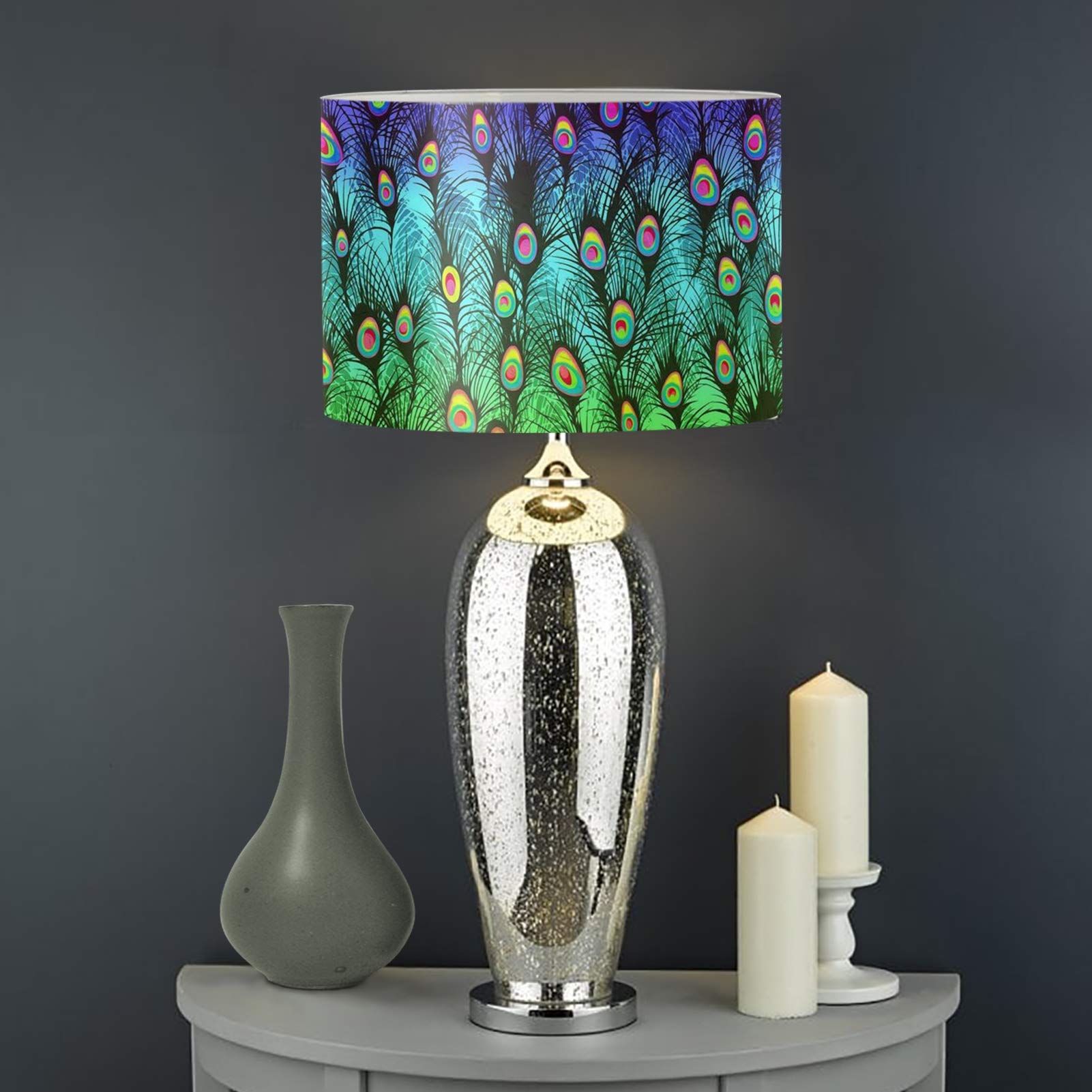 Biyejit Peacock Feather Round Shaped Lampshade, Fabric Cloth Lampshade Lamp Shade for Home Decor for Women Men Family Gifts