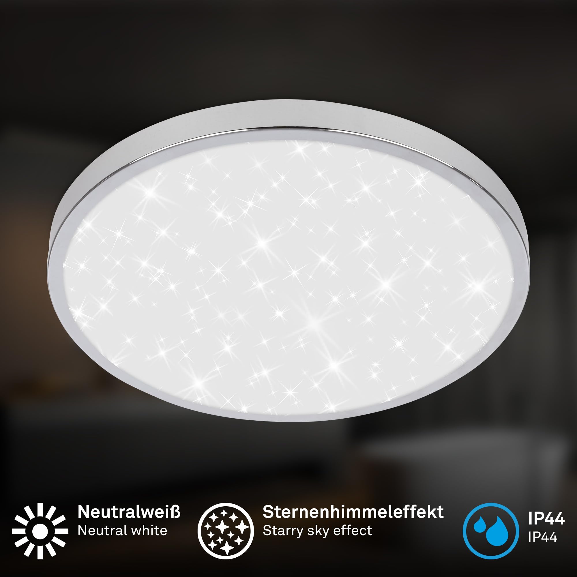 BRILONER - Plafonnier LED salle de bain avec lumière indirecte, IP44 protection contre les éclaboussures, couleur de lumière blanche chaude, plafonnier led, plafonnier cuisine, 24 x 6 cm, chrome
