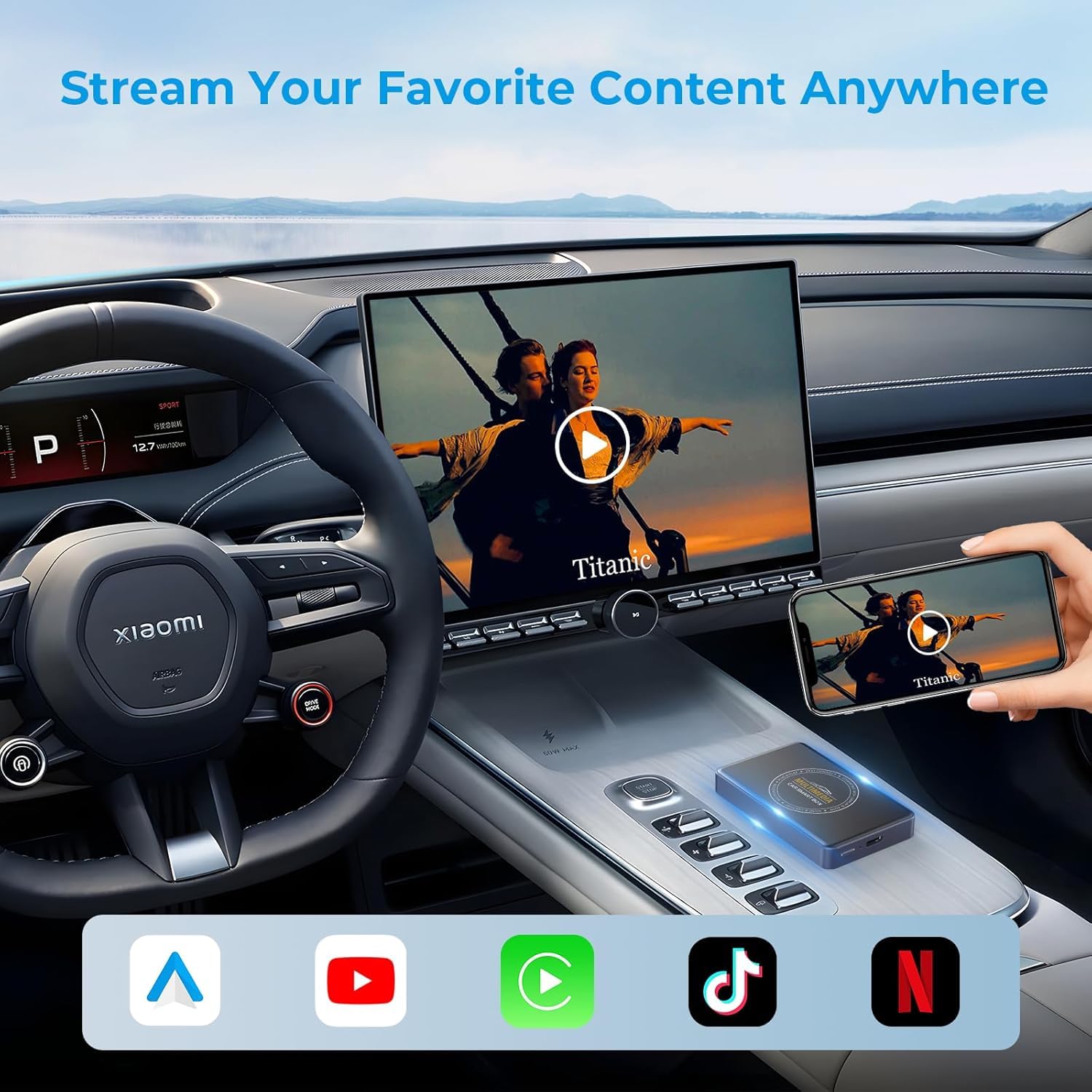 Kabelloser CarPlay Adapter, 3-in-1 AI Box für CarPlay/Android Auto/Video, Plug & Play, integriertes Netflix & YouTube, kompatibel mit werksseitig kabelgebundenem CarPlay & Android Auto