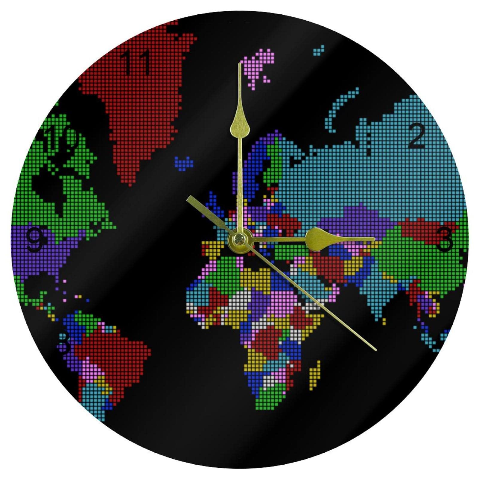 Horloge murale silencieuse sans tic-tac avec grands chiffres arabes et carte du monde colorée
