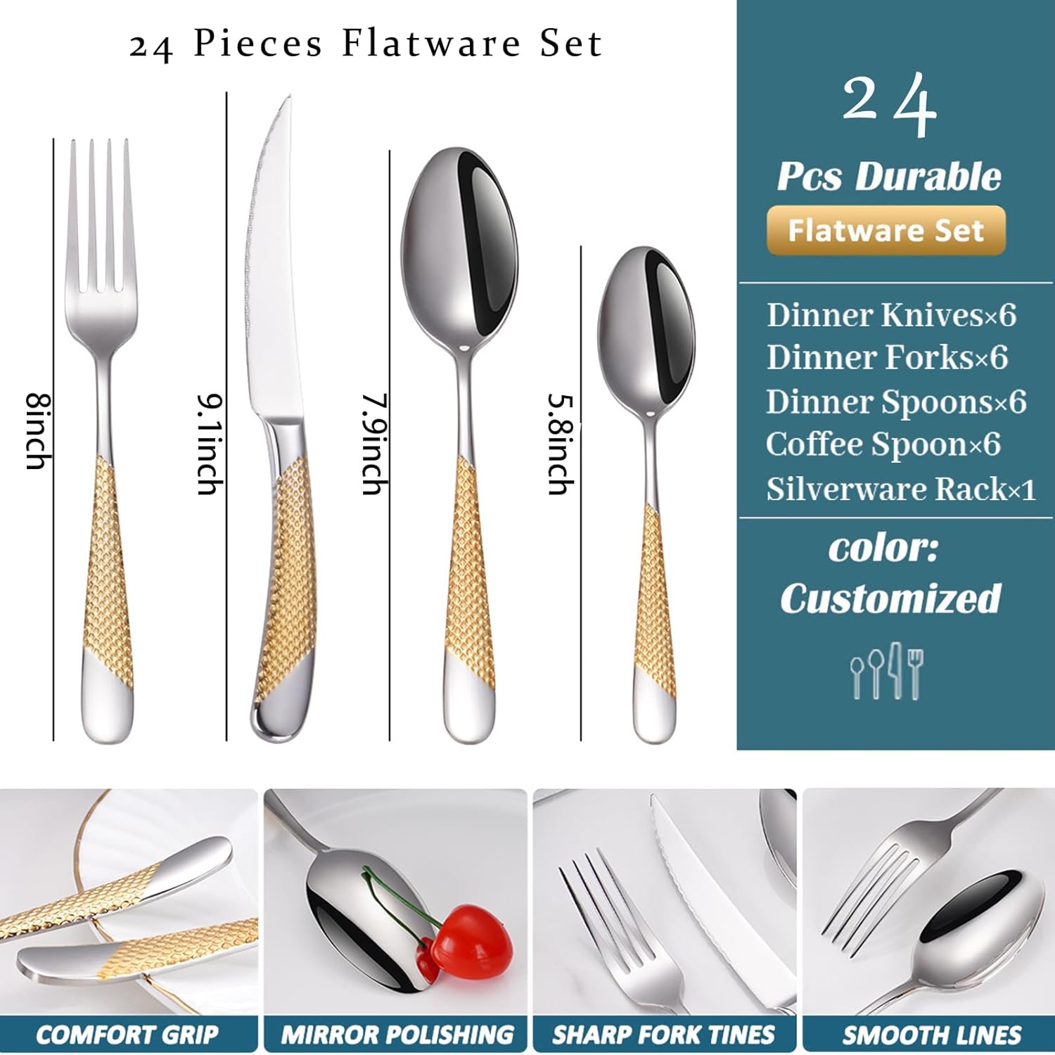 Gold Silverware Set, Caliamary 24 Pieces Flatware Set with Silverware Holder, Stainless Steel Knives and Forks and Spoons Cutlery Set Service for 6, Kitchen Utensil Tableware Set with Antiskid Handle