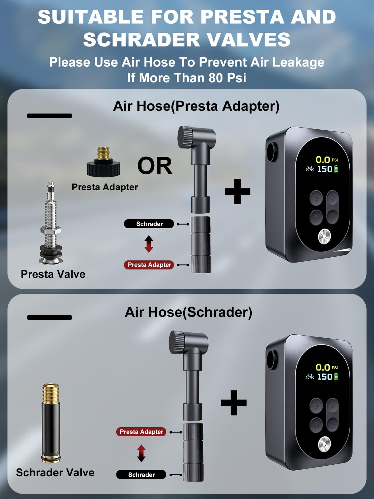 Mini pompe à vélo électrique portable 150 PSI avec jauge précise, arrêt automatique, gonflage rapide pour valves Presta et Schrader – Convient pour vélos, motos, ballons de sport