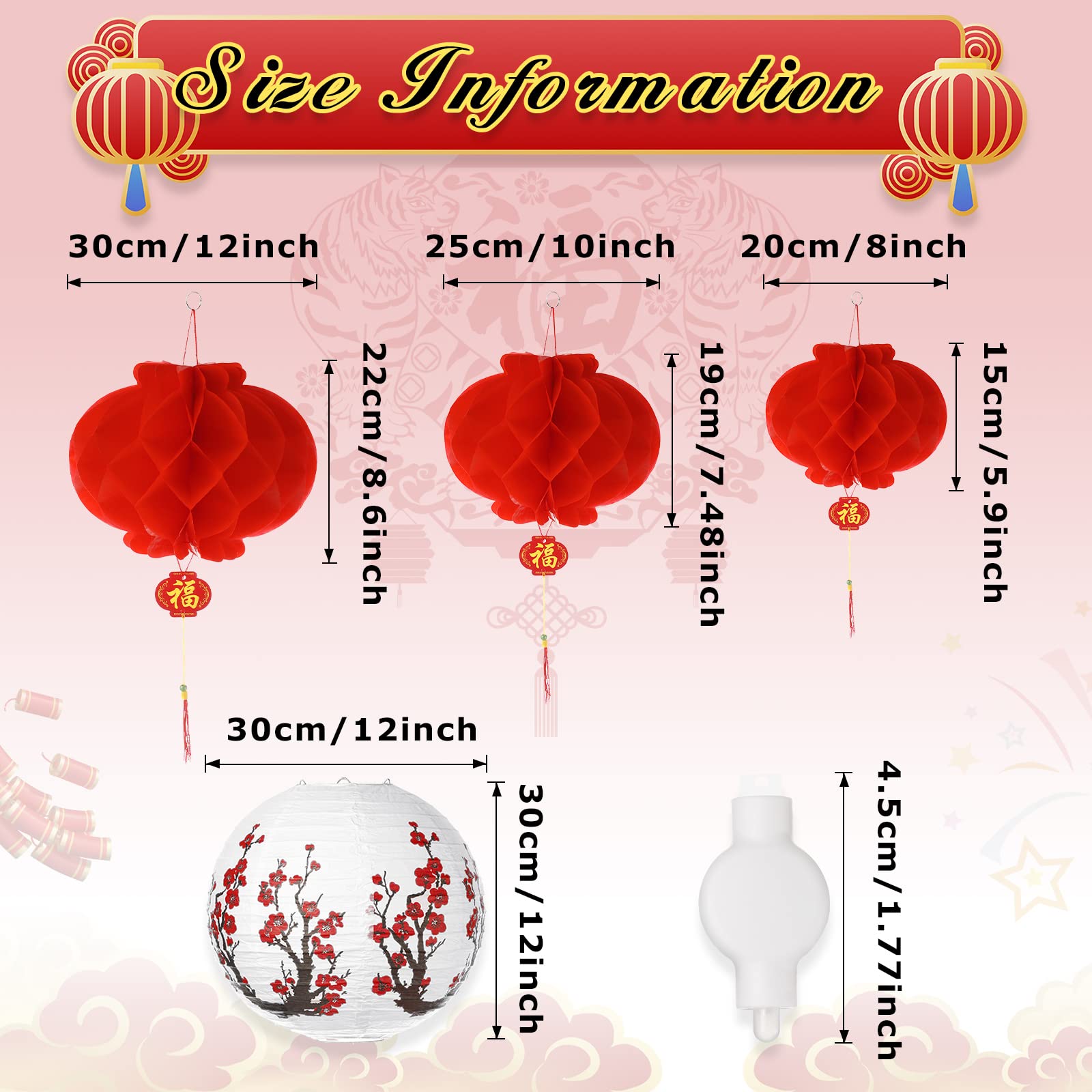 Tuanse 30 Pcs LED Chinese New Year Lantern Decoration Include Cherry Flower Japanese Red Paper Lanterns LED Hanging Lights for Lunar New Year Spring Festival(12 Inch,Red)