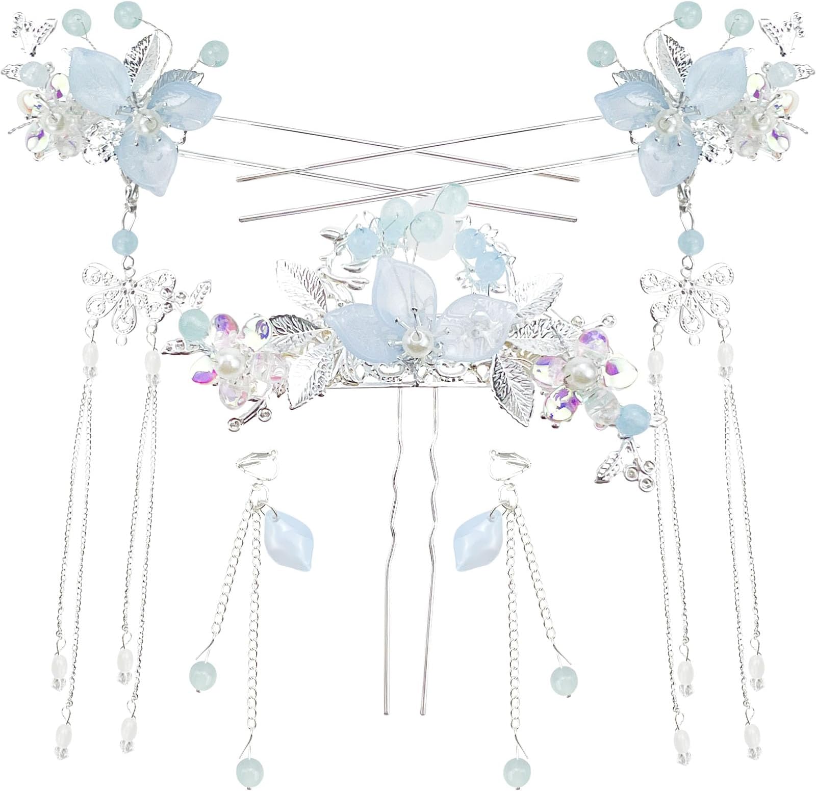 5PCS Flower Pearl Tassels Hairpin, Rhinestone Hair Clips Headpiece Vintage Chinese Hanfu Wedding Brides Hair Accessories for Women Girls Updo Long Hair