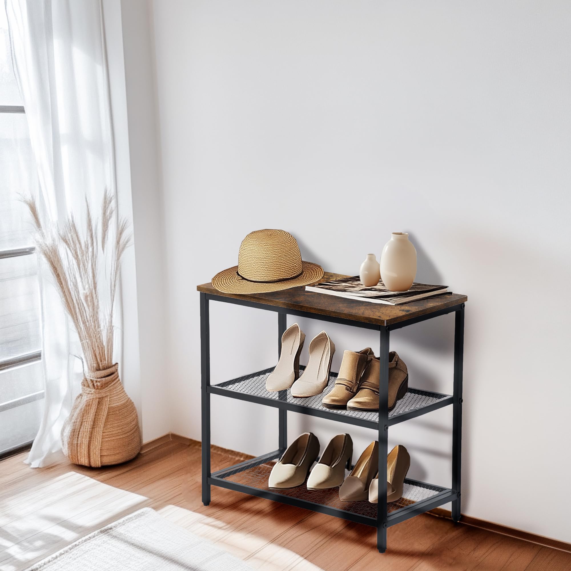 FurnitureR 50CM Hocker Aufbewahrungsbank, Aufbewahrungseinheit mit 3-Regalen und Nivellierfüßen, Hocker Bank mit Vintage MDF, für Wohnzimmer, Schlafzimmer, Flur, Küche, Esszimmer, Braun,50x28x48CM