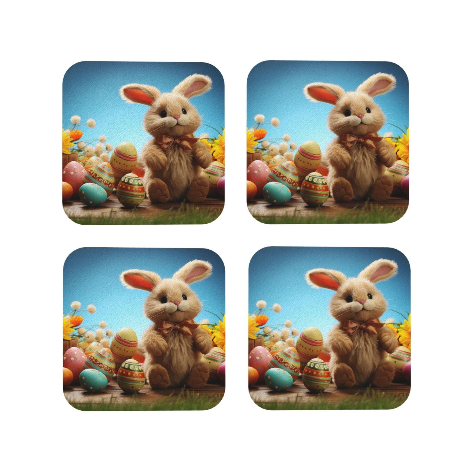 4Pcs PU Leather Coaster for Drinks, Easter Toy Bunny Cup Coastersr 4" Cup Mat Pad, Aesthetic Drink Coasters for Coffee Table, Square Coaster for Tabletop Protection