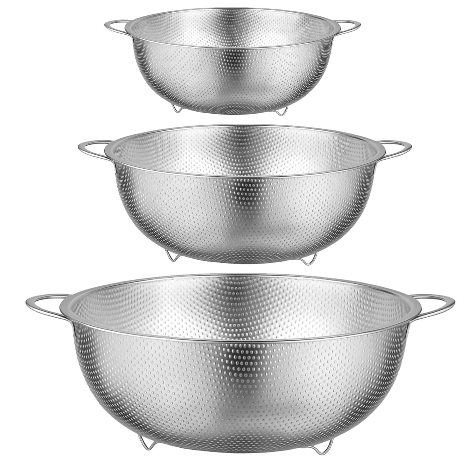 3-teiliges Edelstahl-Siebset, feines Mesh-Sieb für Pasta, Gemüse, Obst und Reis, stapelbare Metallschüsseln mit stabilem Standfuß, platzsparend, für schnelles Abgießen und Waschen