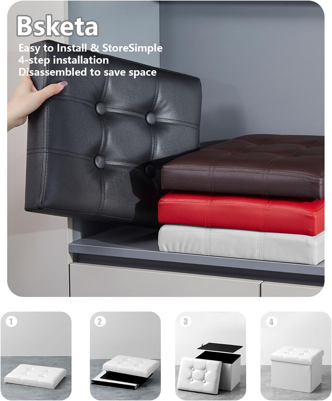 Folding Storage Ottoman, Foot Stool with Thicker Foam Padded Seat Small Leather Storage Ottoman Bench Foot Rest for Living Room Foldable Coffee Table 17x13x13in,White - Image 3