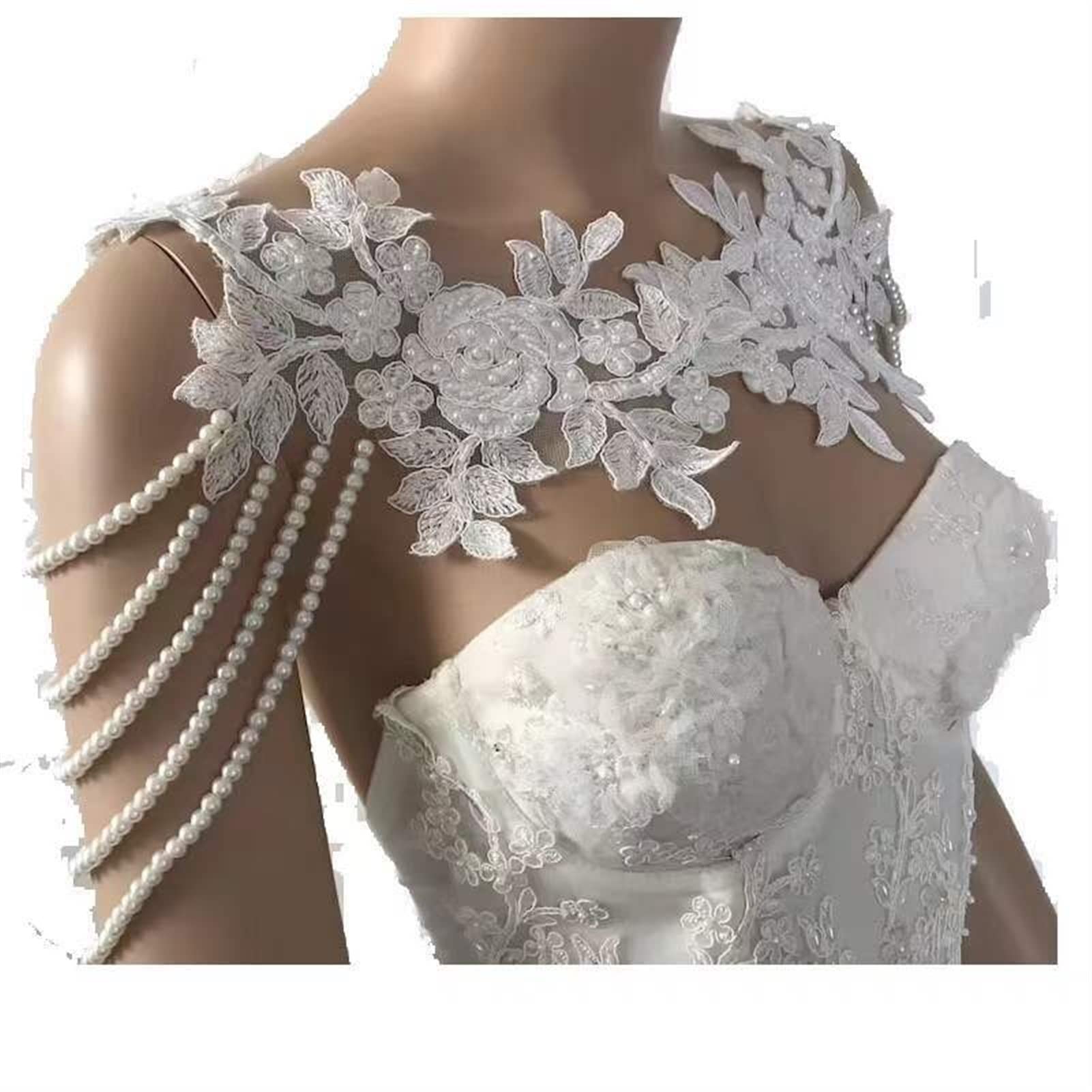 Fashion Body Chain Bridal Shawl Lace Beaded Wedding Dress Shoulder Chain Jewelry Handmade Imitation Pearl Shoulder Chain Multiple Body Chain Chains Necklace (Metal Color : Pearl)