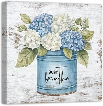 CHAOSETKEN Hydrangea Wall Art Blue White Floral Poster Prints Vintage Hydrangea Flowers Canvas Pictures Rustic Farmhouse Decor Framed Green,16L x 16W