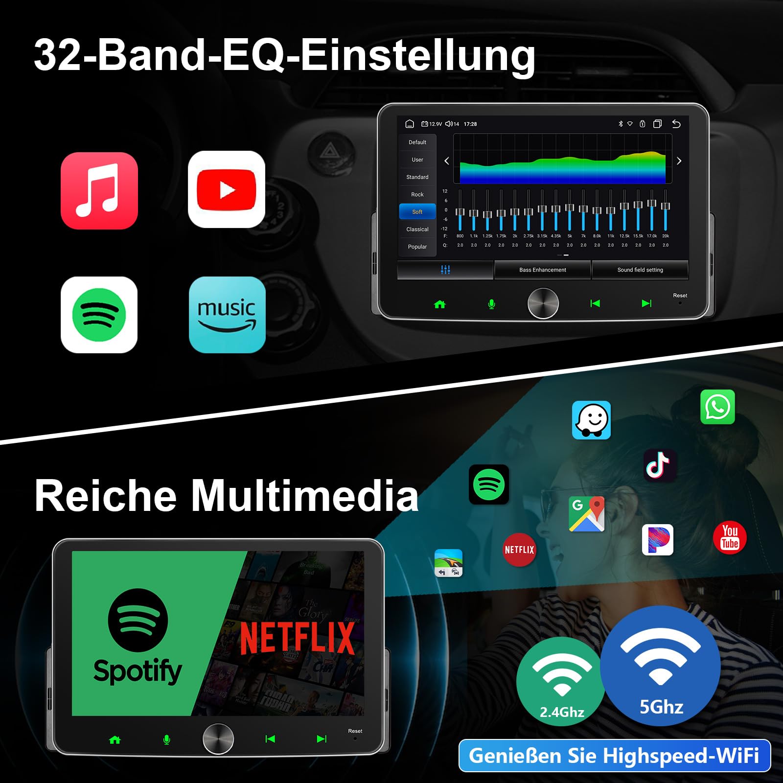 Android Autoradio 1Din Wireless CarPlay Wireless Android Auto Radio mit Bildschirm 7 Zoll 4G+64G 8-Core Car Play Touch Display mit Bluetooth FM/AM RDS WiFi GPS Navi SWC EQ 1 Din
