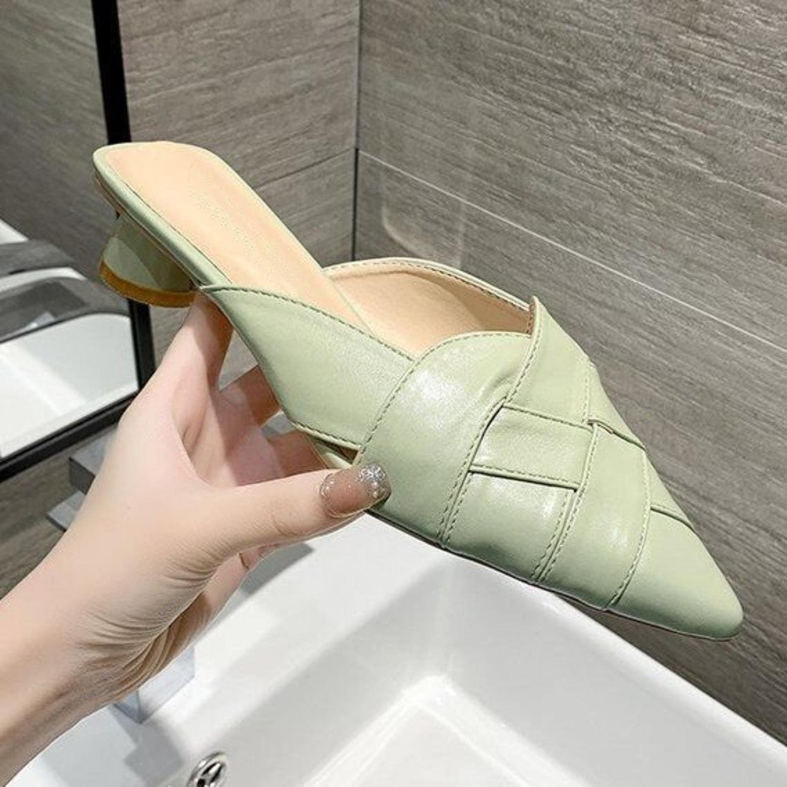 Generico Scarpe Mule da Donna con Punta Appuntita Intrecciata | Sandali Estivi Con Mini Tacco A Blocco, Scivolare Su Sandali A Ciabatta Senza Retro