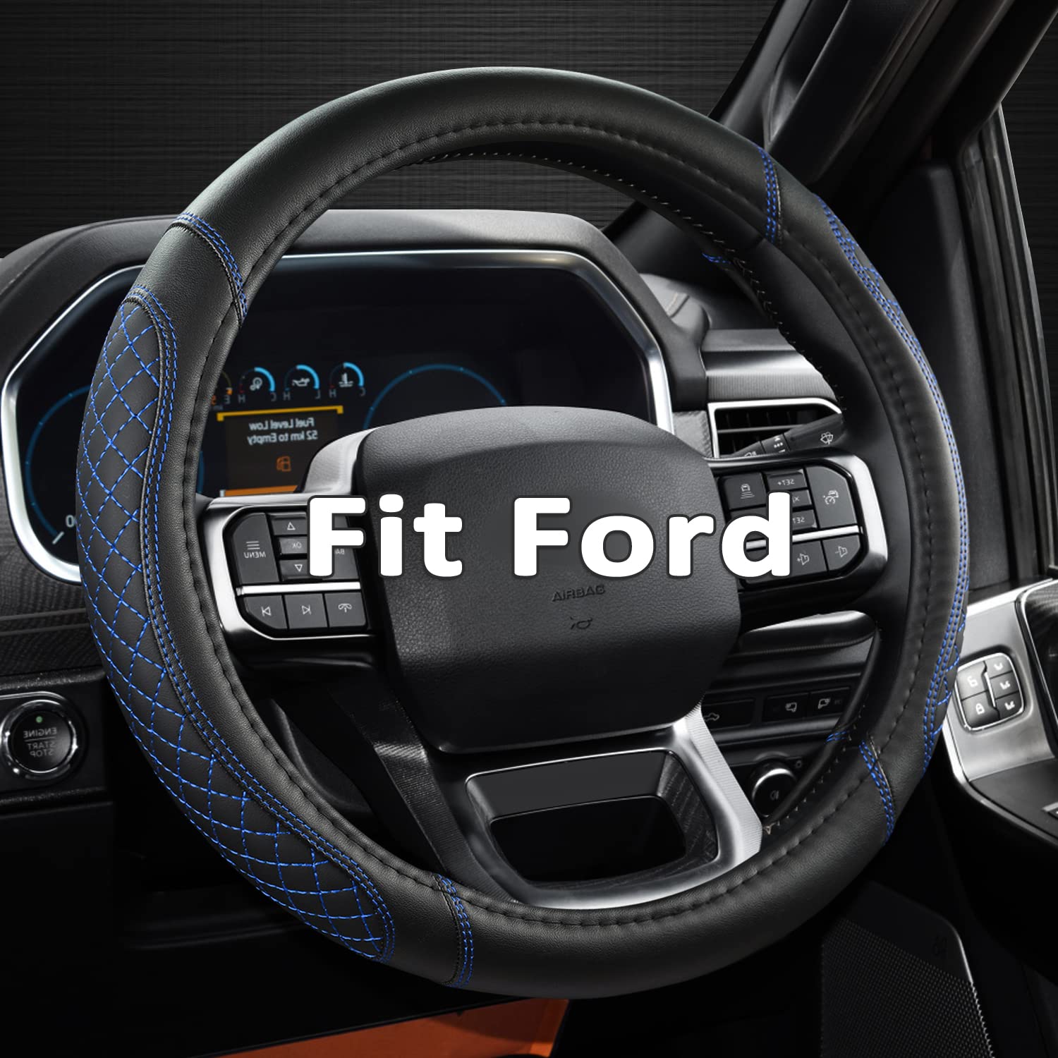 West Llama Customized Auto Car Steering Wheel Cover for Ford F-150, F-250, F-350, Expedition (Diamond Quilted - Black+Blue)