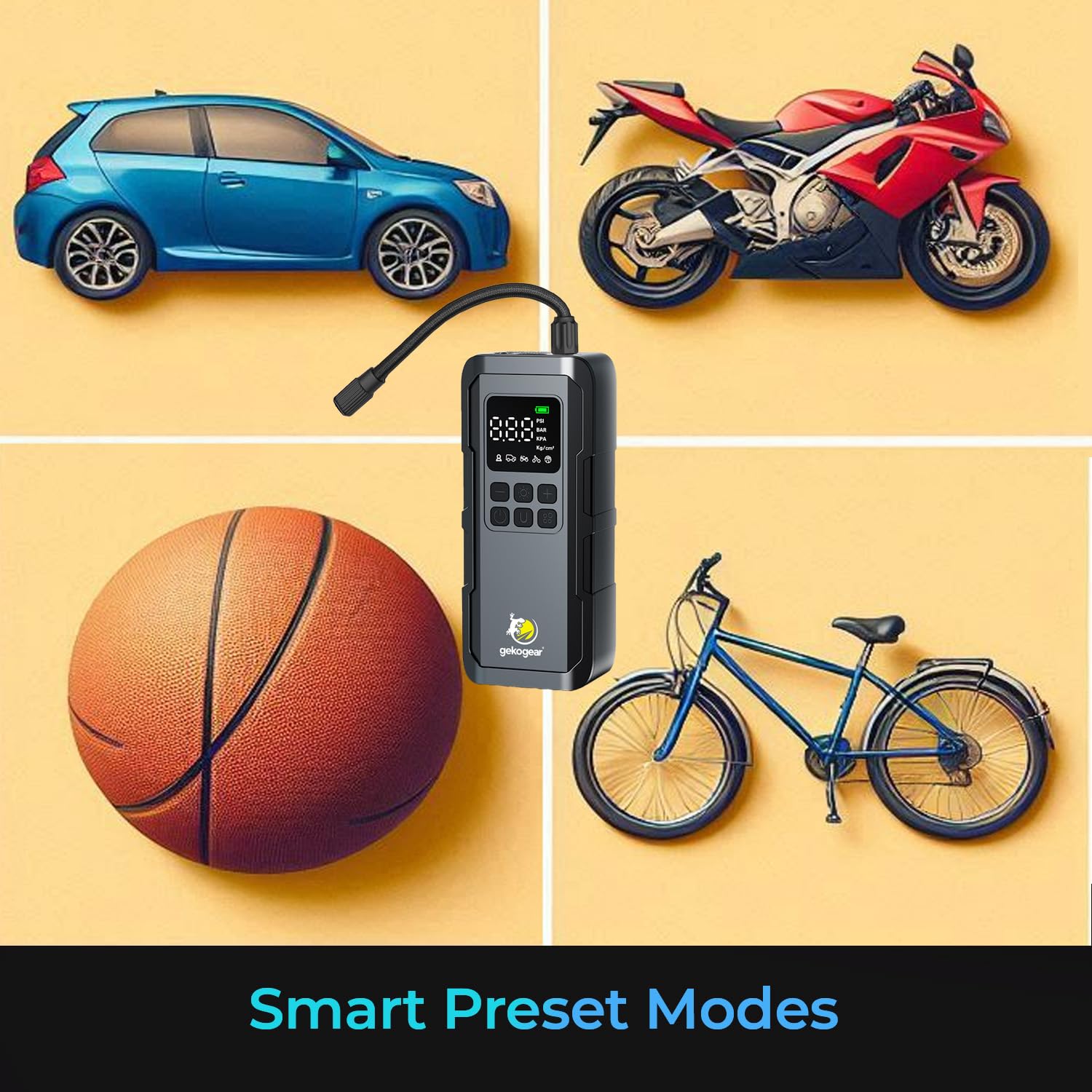 myGekoGear Compressore d'aria portatile per gonfiaggio pneumatici, pompa ad aria portatile 150 psi, display LCD a pressione accurata, 5 modalità preimpostate, gonfiaggio rapido per auto, bici e