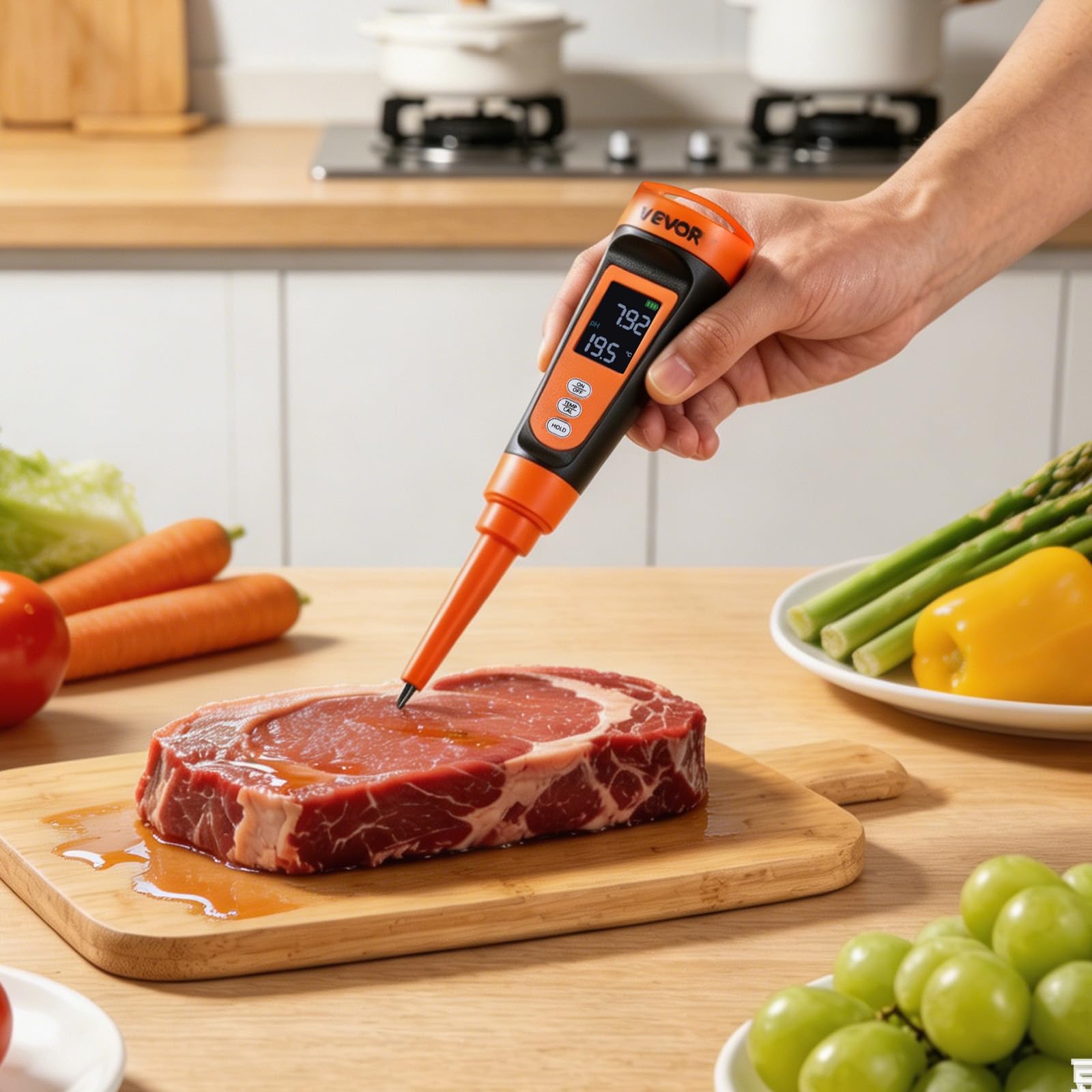 VEVOR pH-Meter für Lebensmittel, Messbereich 0–14, Wasserdichte Sonde (IP68), Messgerät mit Automatischer Temperaturkompensation, Kalibrierpulver, für Lebensmittelfermentation, Teig & Fleisch