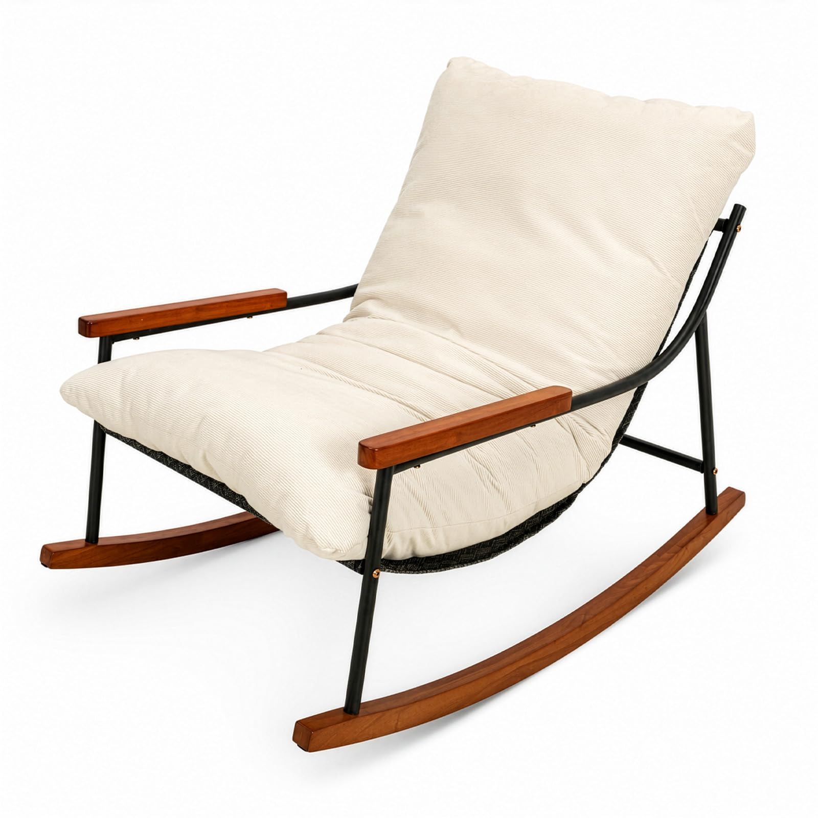 GoDyna Rocking Chair Upholstered Armchair with Soft Cushion & Lumbar Pillow, Ergonomic Leisure Rocker with Wooden Legs, Comfortable Lounge Chair for Living Room, Bedroom (White)