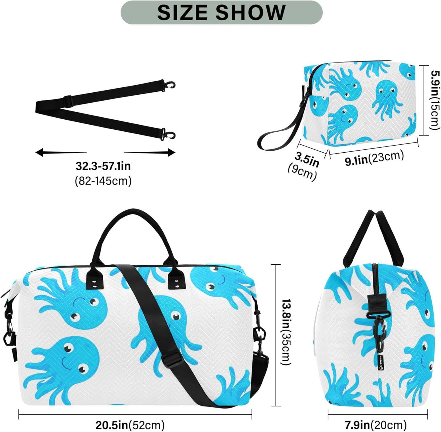 かわいいブルータコハッピーホワイトダッフルバッグトラベル&amp;メイクアップポーチセット、漫画の女性ウィークエンダーキャリーオンバ