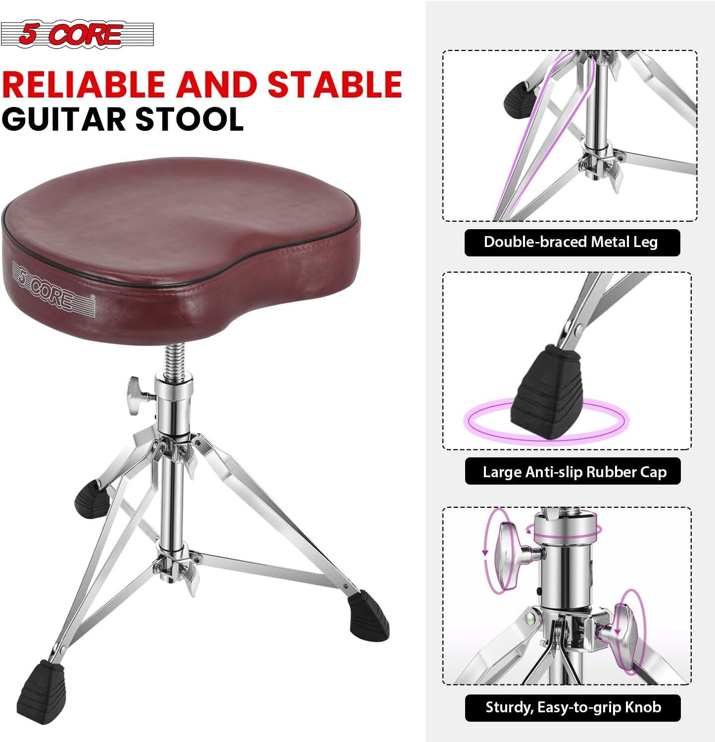 5 CORE Drum Throne 4" Padded Saddle Seat 27" Swivel Adjustable Guitar Stool Heavy Duty 441lbs Capacity Seat for Adults & Kid - DS CH Cherry SDL HD