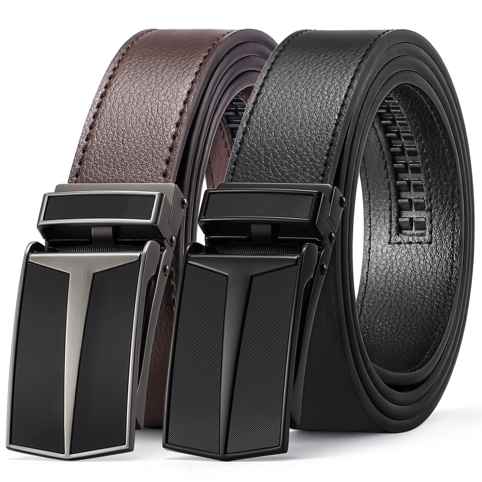 SENDEFN 2 Pack Ratchet Belt Men, Men Leather Belts in Gift Set Box for Dress Casual, Size Adjustable Trim to Fit