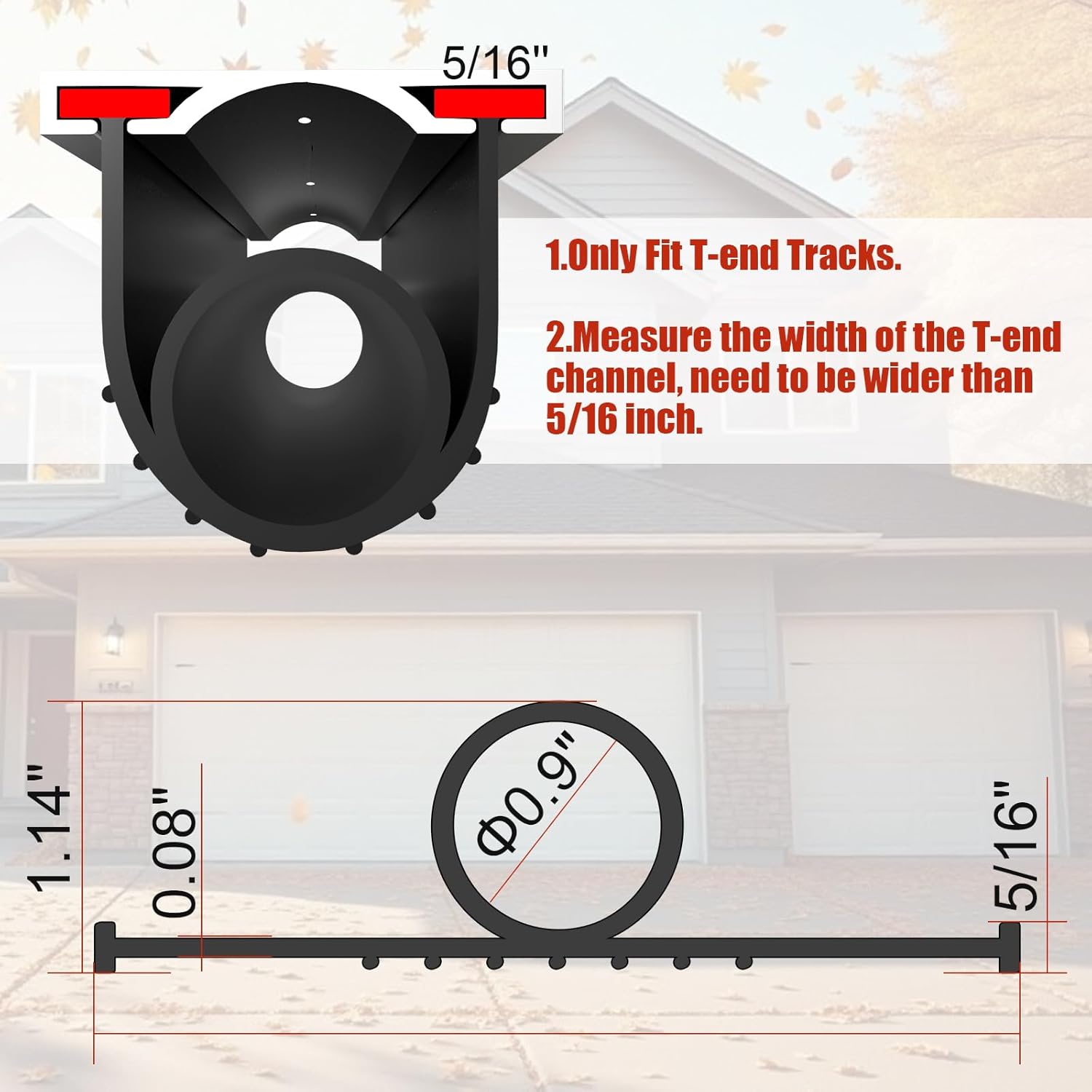 Garage Door Seals Bottom Rubber - 16.5Ft EPDM Weatherproof Weather Stripping for 5/16" T-End Garage Doors, Blocks Drafts/Rain/Rodents, Noise-Reducing & Energy Saving