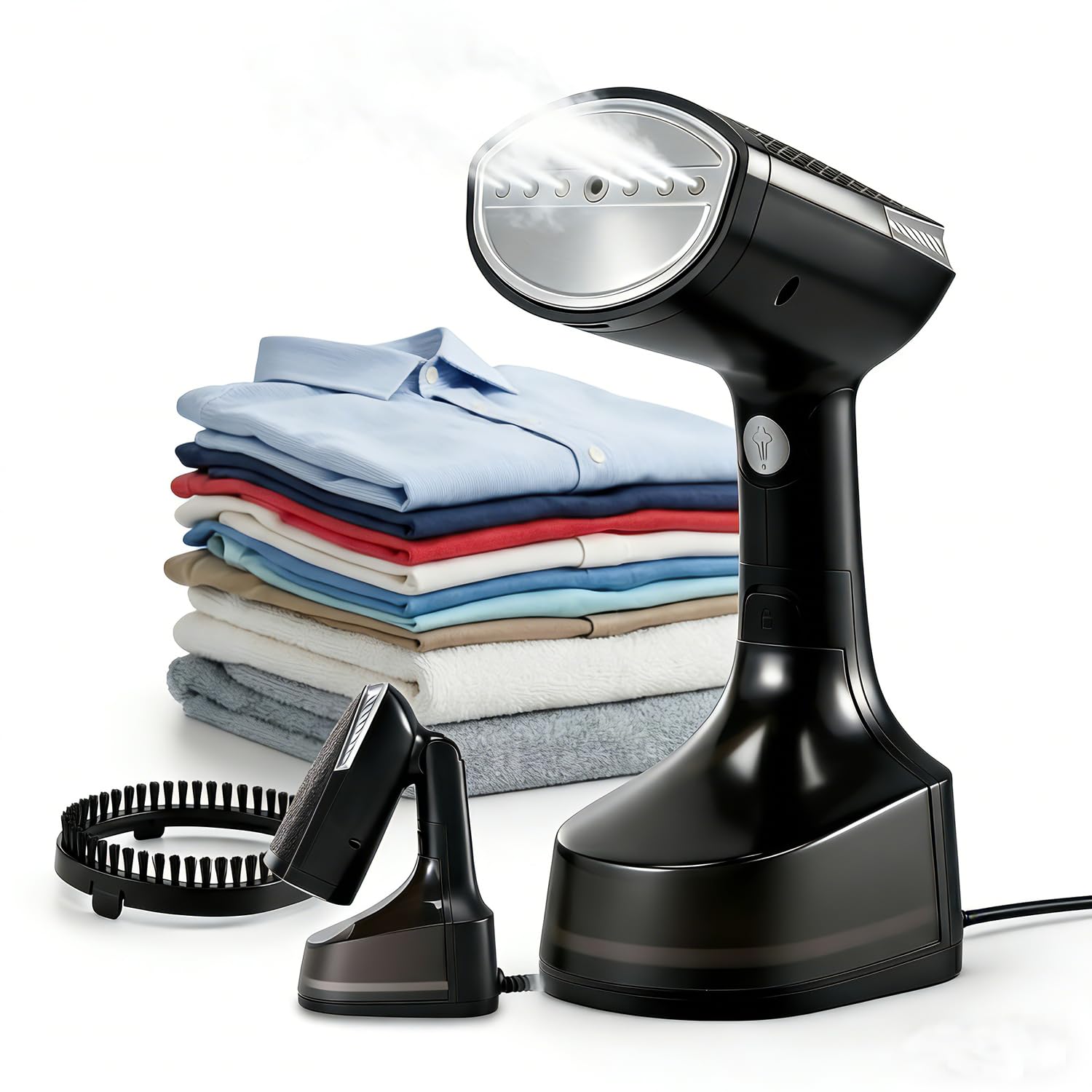 HISEMY Plancha de Vapor Vertical Portátil 1500W, Calienta en 25s, Tanque de 350ml, Plegable de Mano con Cepillo para Viaje y Hogar