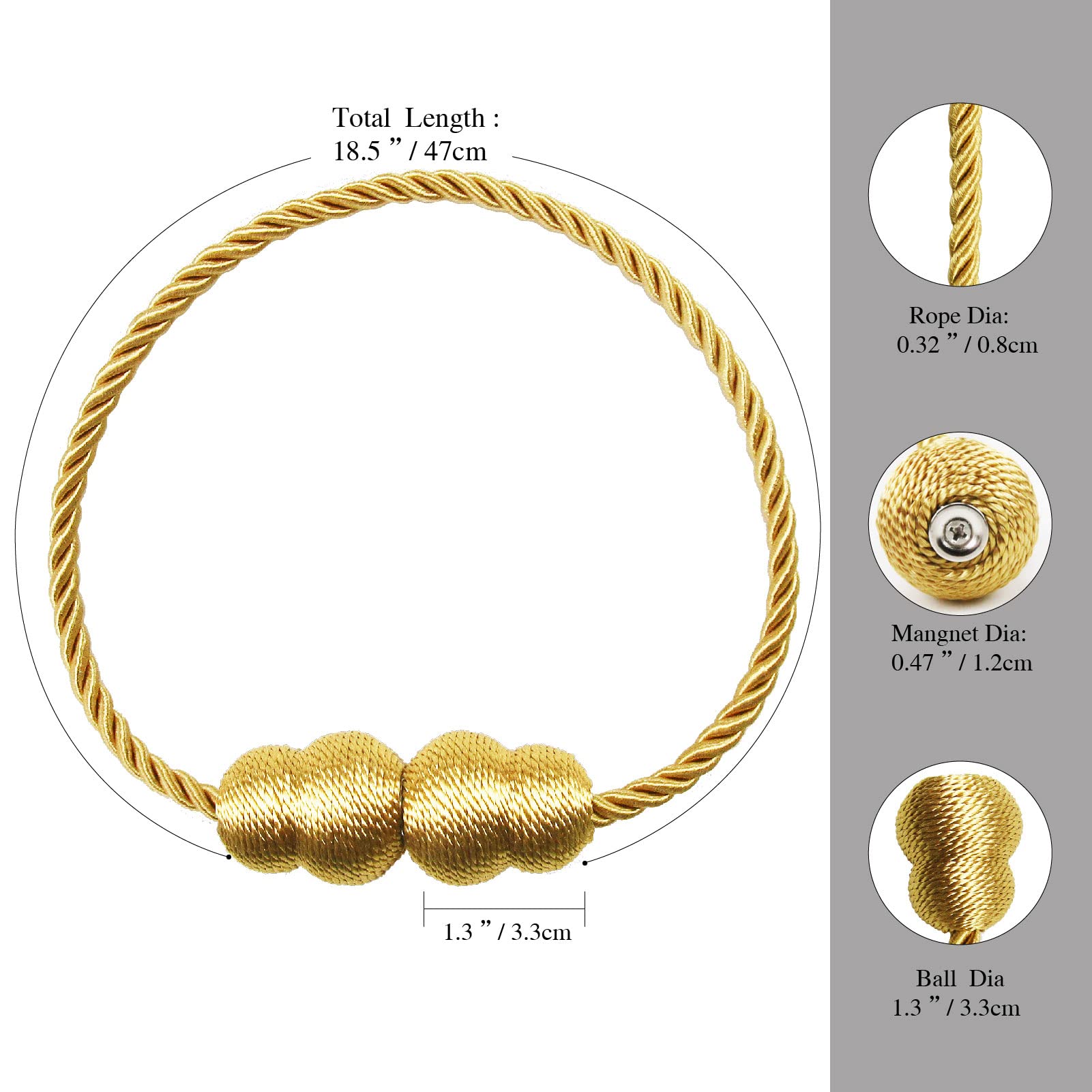 Hangtty Magnetic Curtain Tiebacks 2 Pack Rope Decorative Curtain Tie Backs Elegant Curtain Holders for Drapes Outdoor Window Treatment Holdbacks, Gold