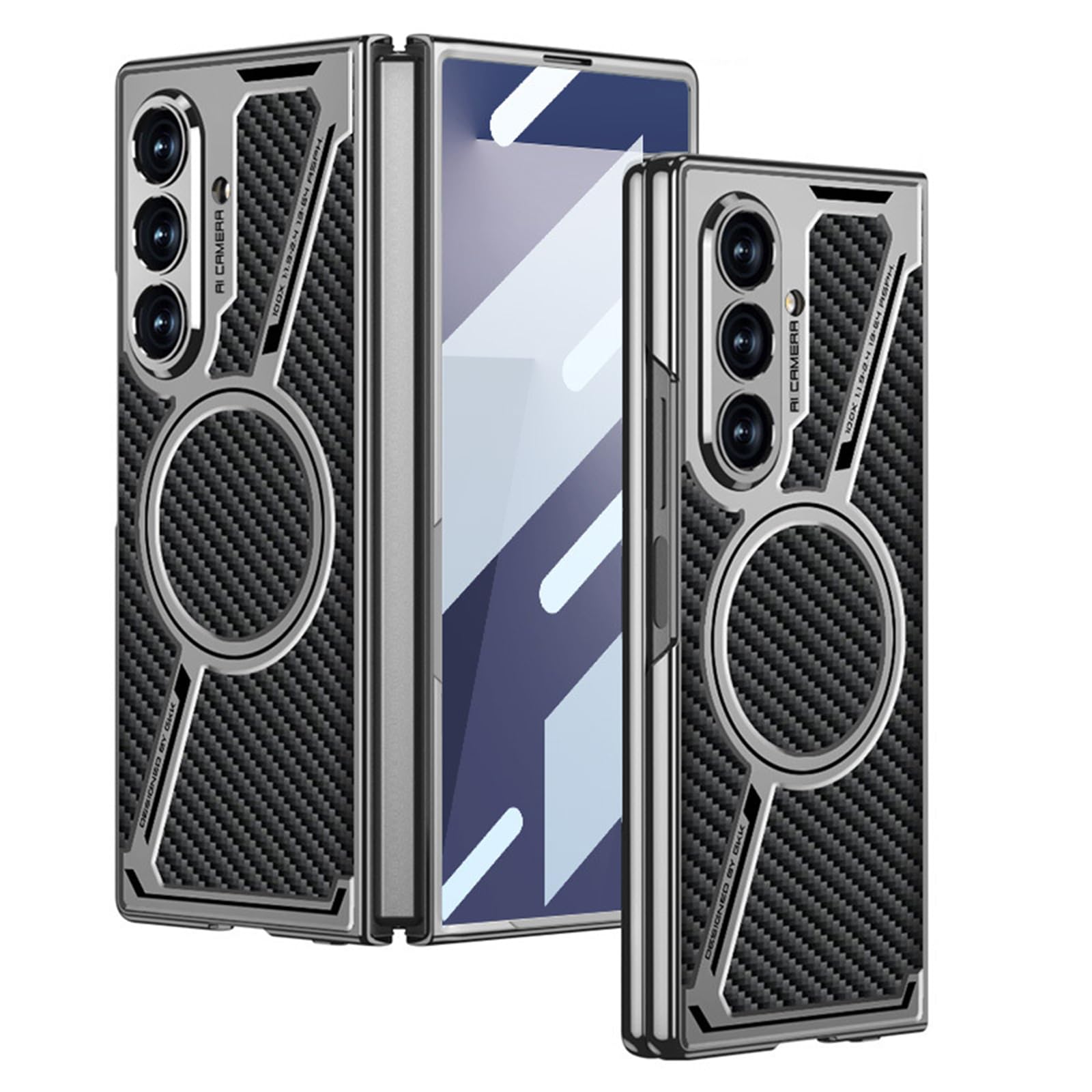 Magnetyczne etui do Samsung Galaxy Z Fold 7, ochrona aparatu, odporne na wstrząsy, wbudowana osłona ekranu, skórzane etui z teksturą włókna węglowego, czarne