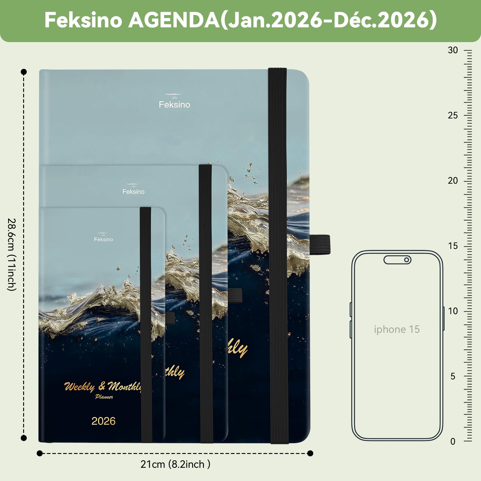 Agenda semainier 2026 A4 28,6 x 21 cm Couverture rigide 12 mois Janvier à Décembre