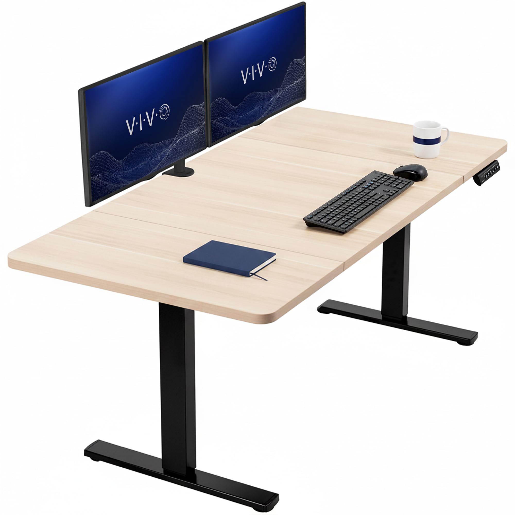 VIVO Light Wood 60 x 30 in Standing Desk, DESK-KIT-1B6C-30 | Electric, Holds 220 lbs, Sit Stand, Height Adjustable, Extra Deep Table Top, Memory Presets, 1B Series, Black Frame