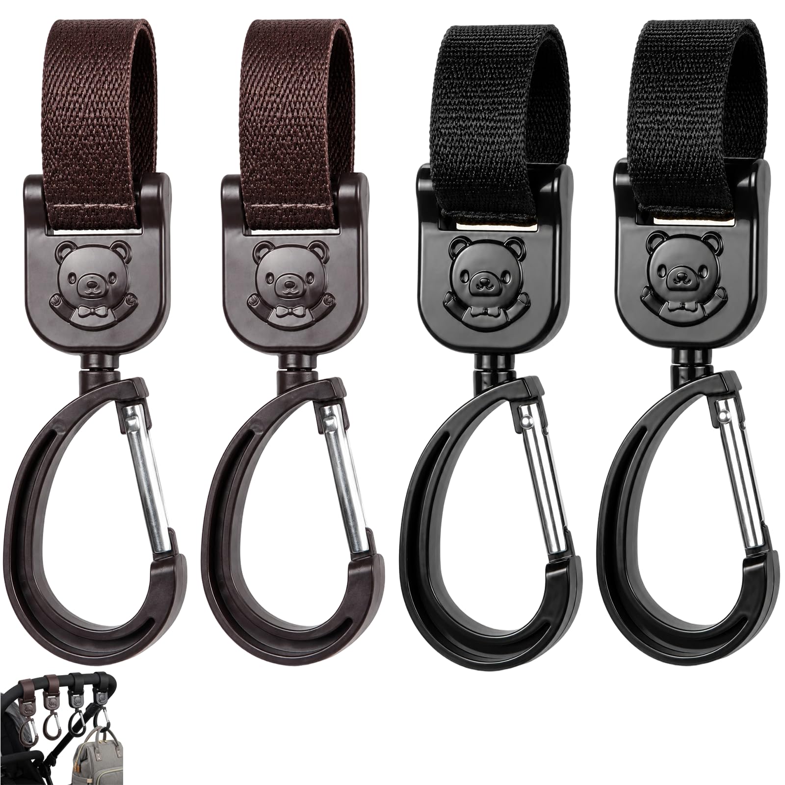 Pram Hooks, Universal Bag Clips, Four-Piece Set in Coffee and Black