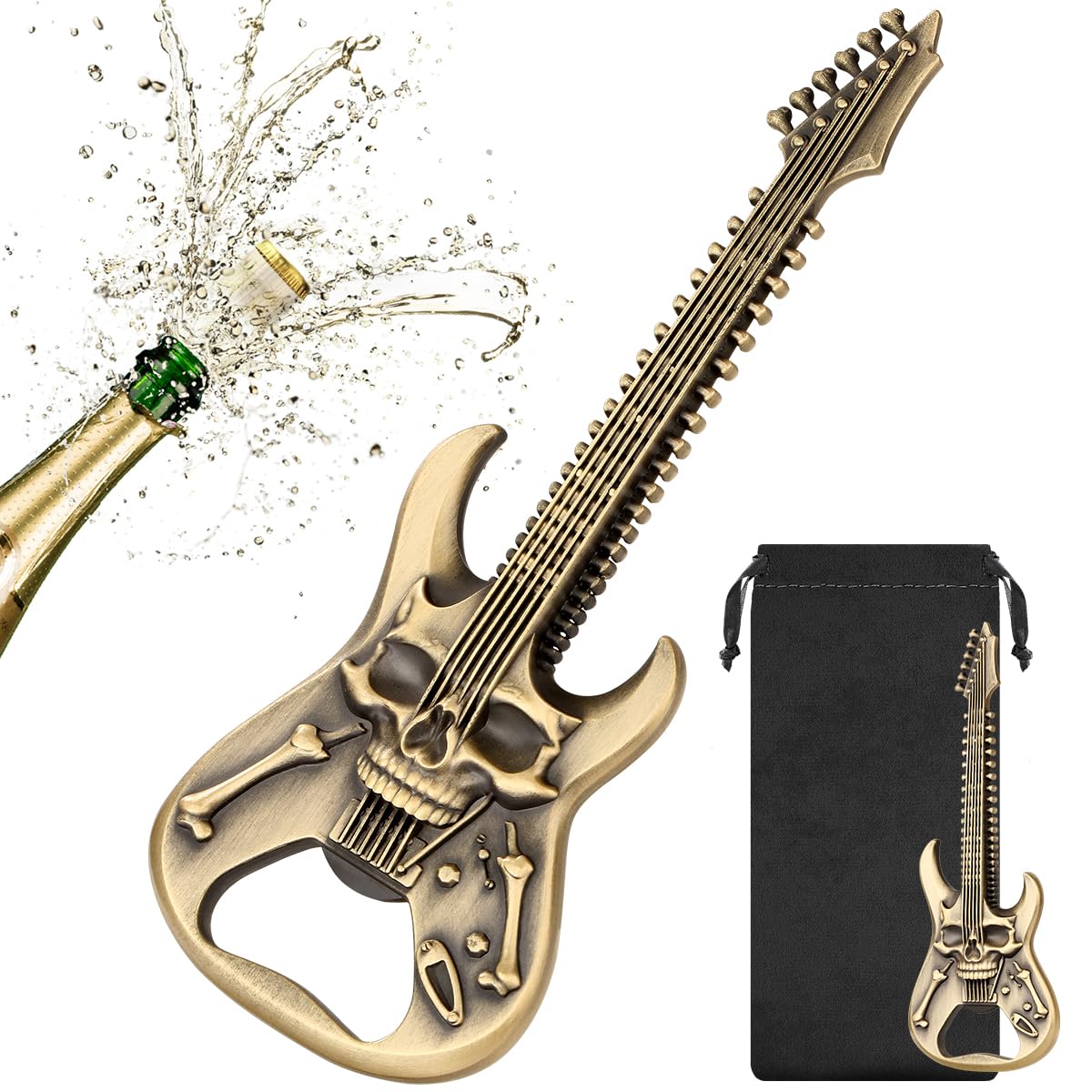 LULLEA Skull Guitar Bottle Opener – Rock Music Bar Tool for Men & Women – Bronze Guitar-Shaped Beer Opener with Gift Bag – Ideal Music Gift for Birthday, Father’s Day, Christmas, BBQ, Camping