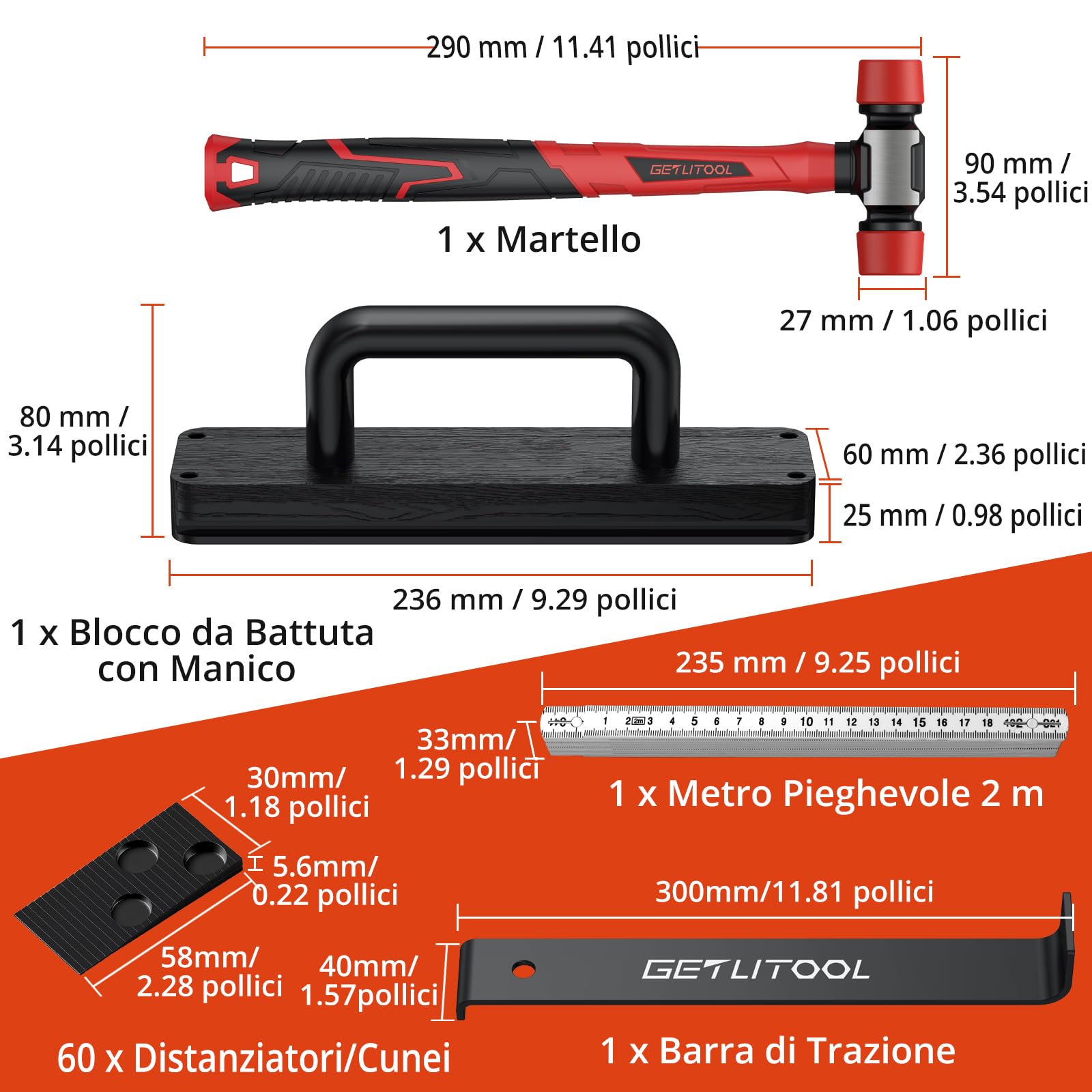 GETLITOOL Kit per Installazione Pavimento Laminato, 60 Distanziatori, Martello in Gomma, Blocco di Battitura con Manico, Barra di Trazione con Feltro, Metro Pieghevole - Strumenti Completi per Parquet