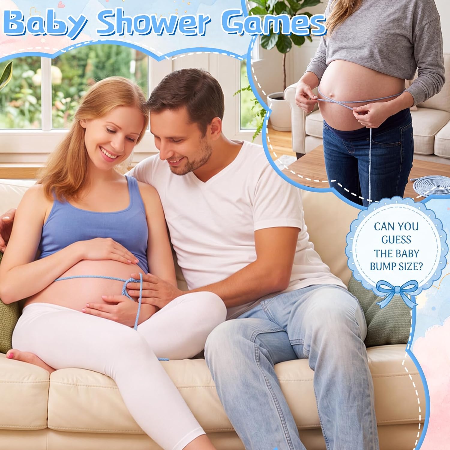 40sets Funny Baby Shower Games 1.7yard Guess Bump Measure the Belly Baby Shower Game for Gender Neutral How Big is Mommys Belly Tape for Party Decorations Supplies (Blue-Gray)