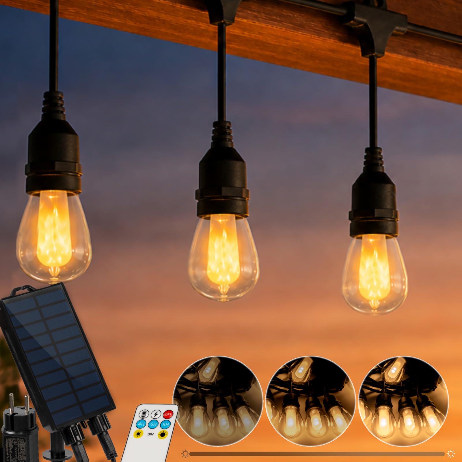 Lumiled Solar Lichterkette Außen Outdoor 15m 15 LED Glühbirnen Flammeneffekt Garten Lichterketten IP65 Wasserdicht 2in1 mit Solarpanel Strom Fernbedienung Beleuchtung Terrasse Balkon Warmweiß Dimmbar