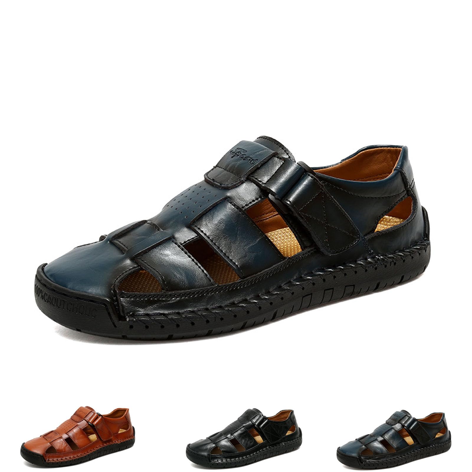 Sandalias huecas de cuero elegantes para hombre, sandalias de vestir de cuero con puntera cerrada, antideslizantes, para senderismo, verano, antideslizantes, sandalias de playa con correa ajustable