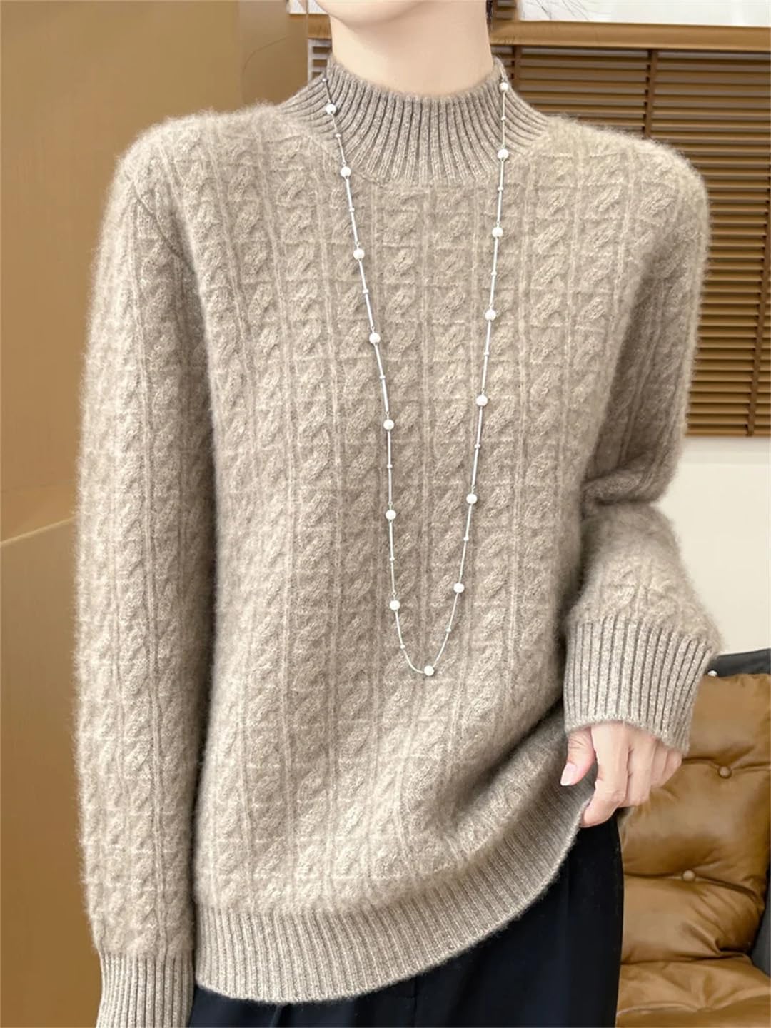 Maglione lavorato a maglia spessa da donna in lana merino maglione invernale caldo collo a mezza altezza BottoBeigeng camicia