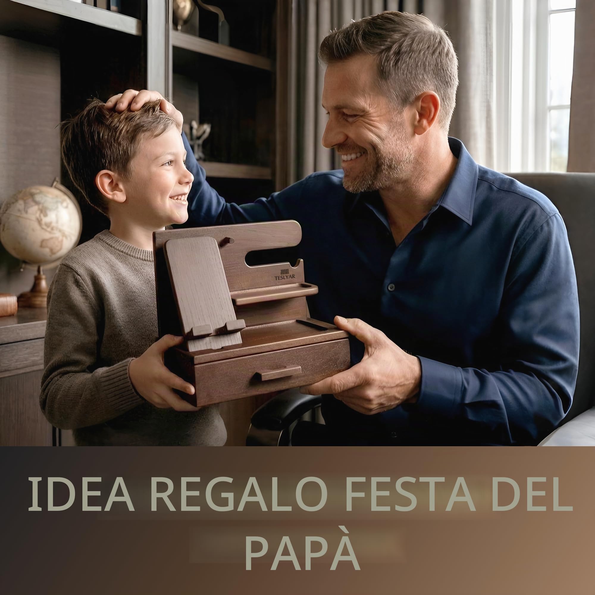 TESLYAR Stazione di ricarica telefono in legno con cassetto - Organizer da comodino - Organizer da scrivania per marito - Idee regalo di compleanno per uomini, papà, anniversario, portachiavi