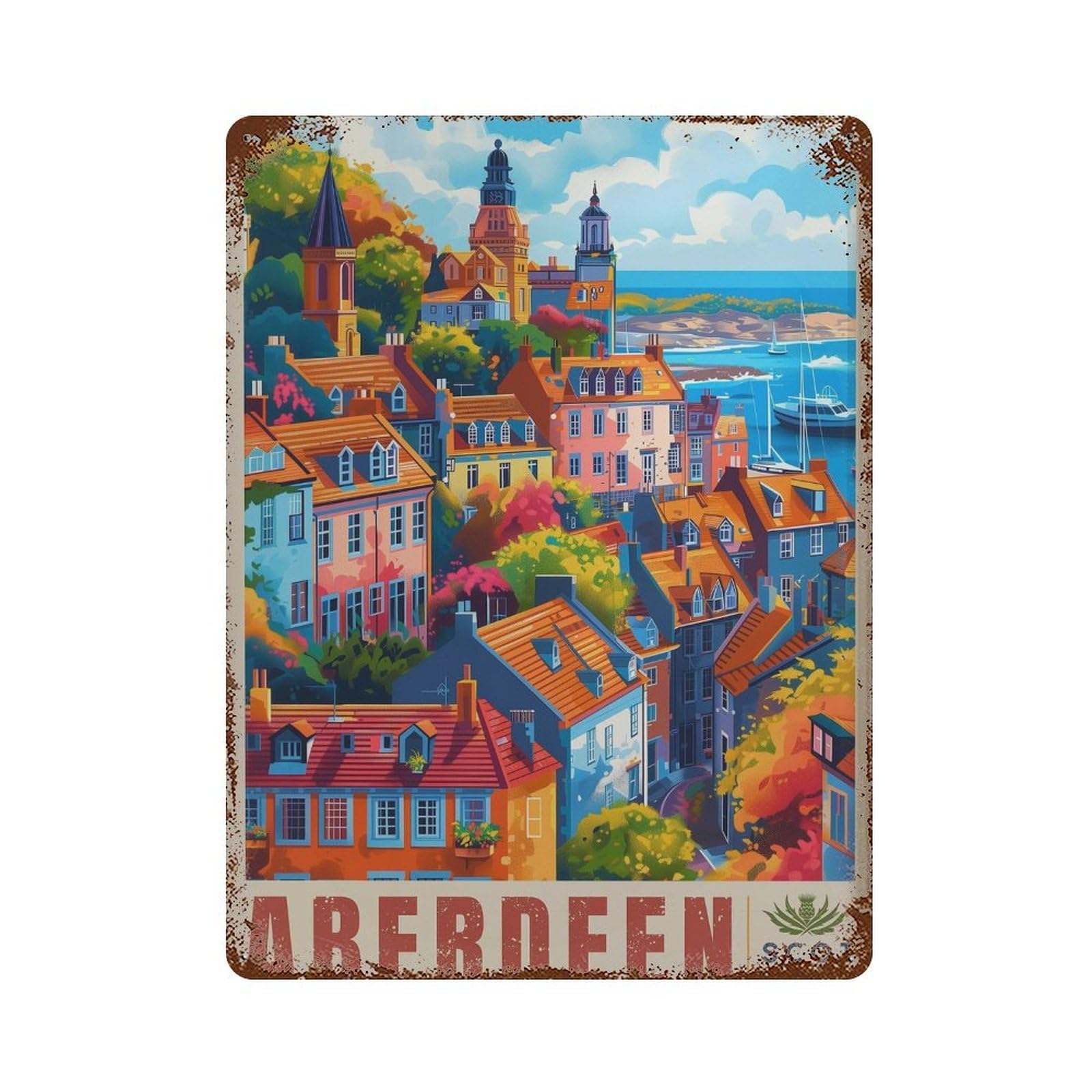 xiaoxiaoshen Aberdeen Scotland Travel Colorful Cityscape (2) Wall Decor Art Metal Tin Poster Modern Home Decor Art Home Bar Shop Decorations Vintage Sign 40x30cm