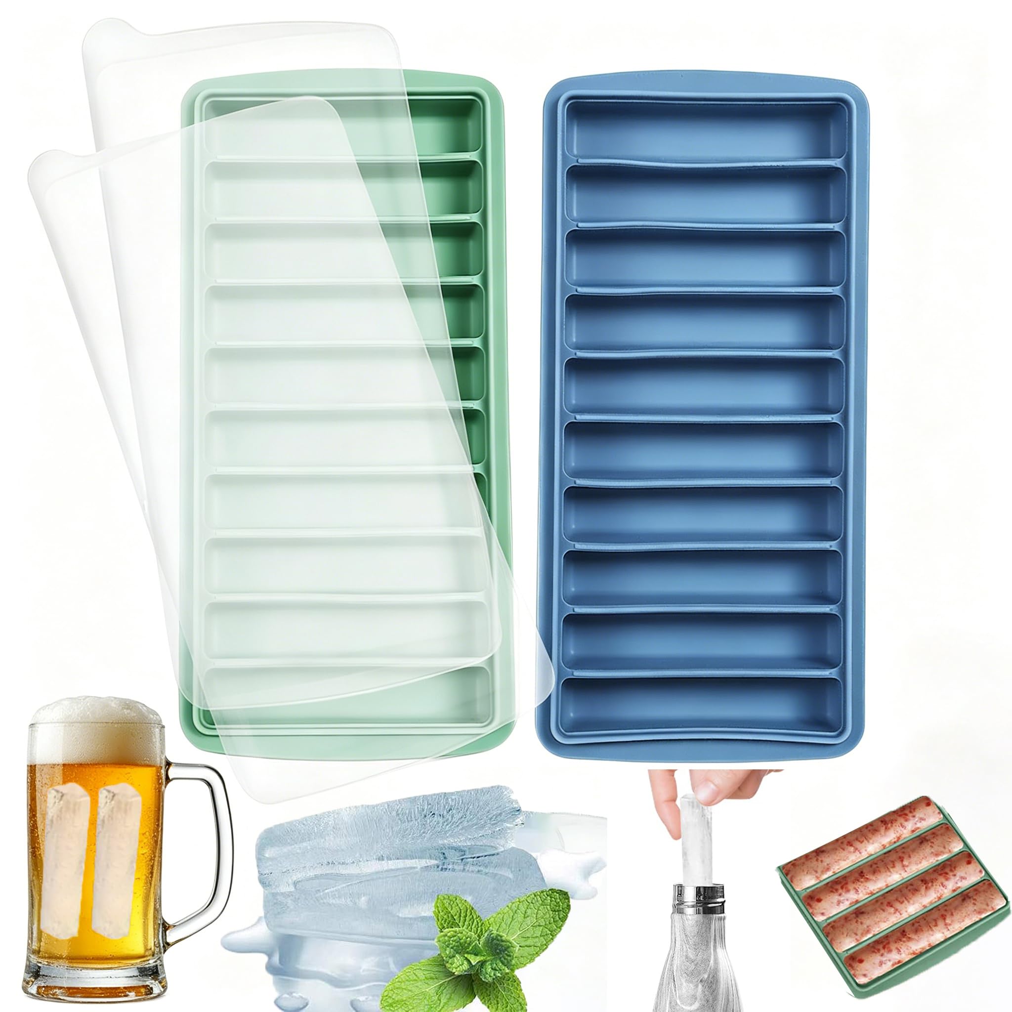 2 Pack Long Ice Cube Trays with Lids – 10 Cavities Silicone Ice Stick Moulds for Sports Bottles, Whiskey, Iced Coffee, Freezer Friendly (Blue & Green)