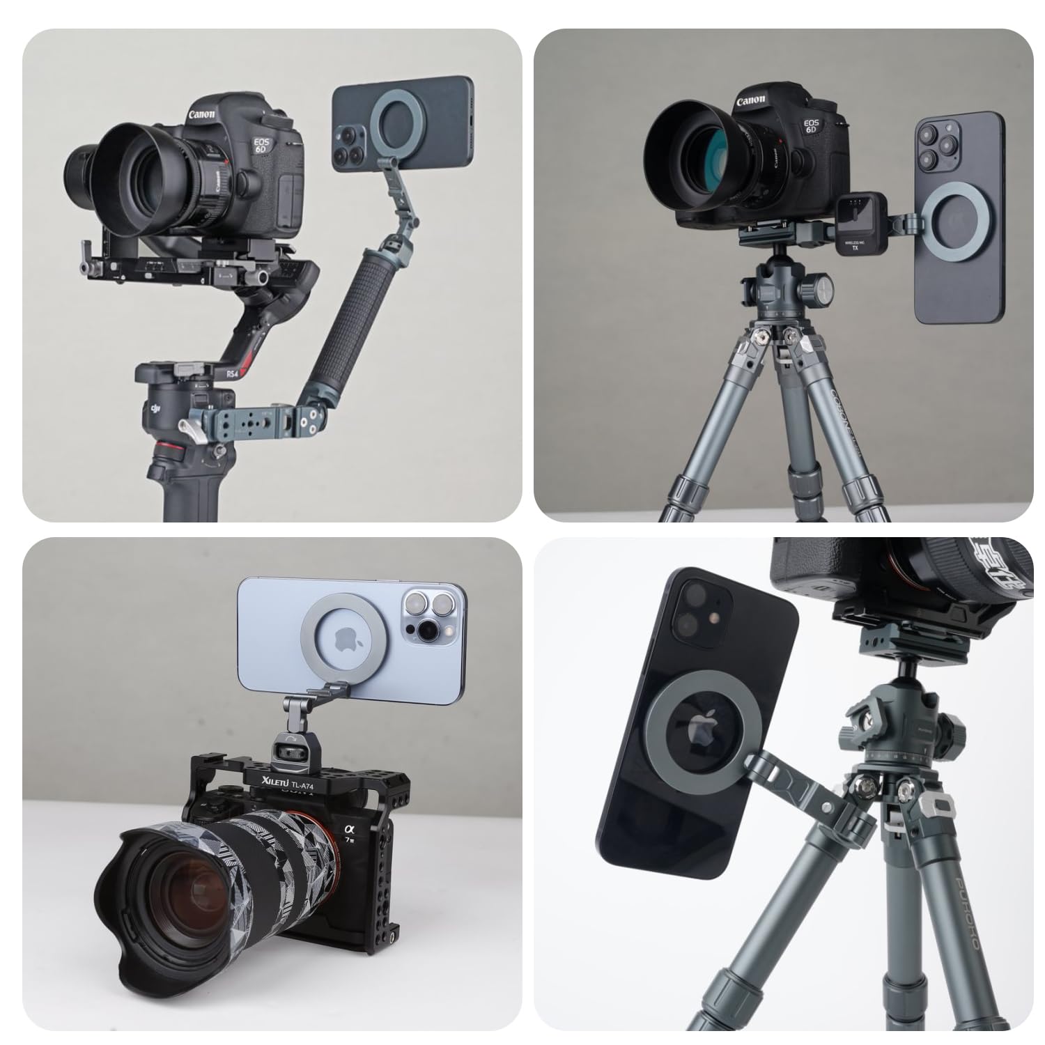 Support Magnétique pour Téléphone Magic Arm avec Plusieurs Trous de vis 1/4’’ pour Le Montage de Plusieurs Appareils, Convient à la Plupart des Téléphones