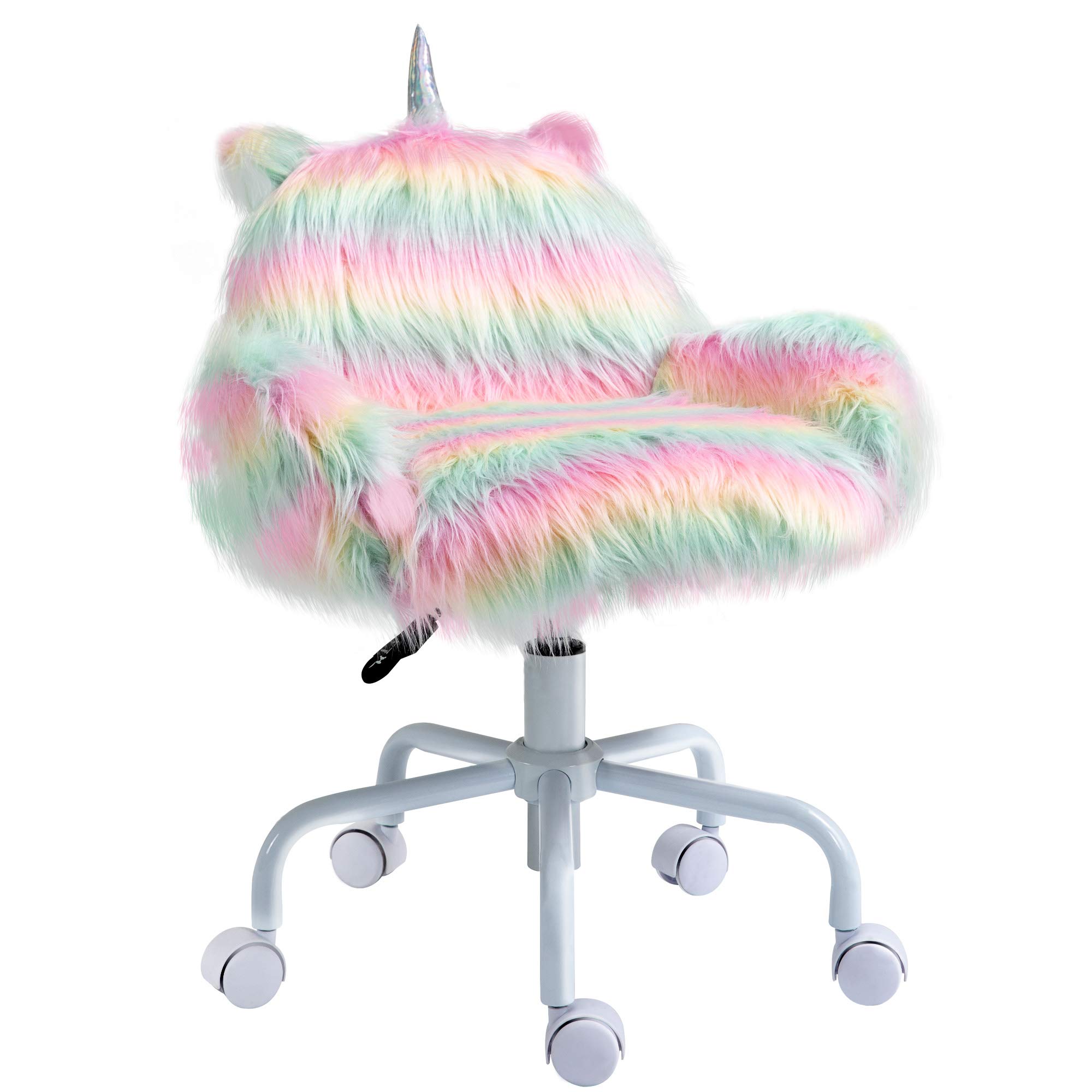 HOMCOMFluffy Unicorn Office Chair with Mid-Back and Armrest Support, 5 Star Swivel Wheel White Base, Rainbow